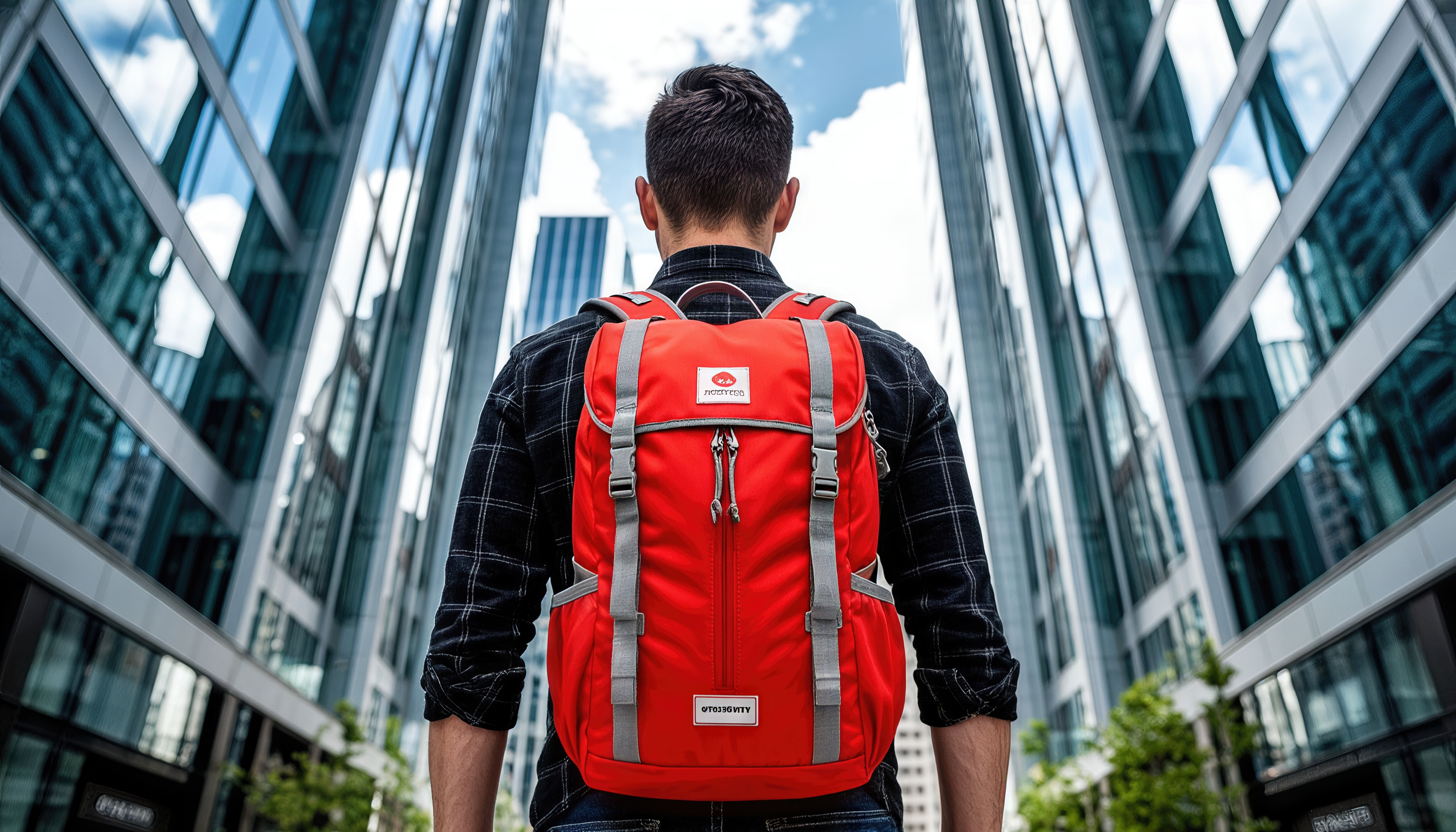 Free photo A rear view of a guy with a city backpack walking along the technological street of the financial district with mirrored facades.