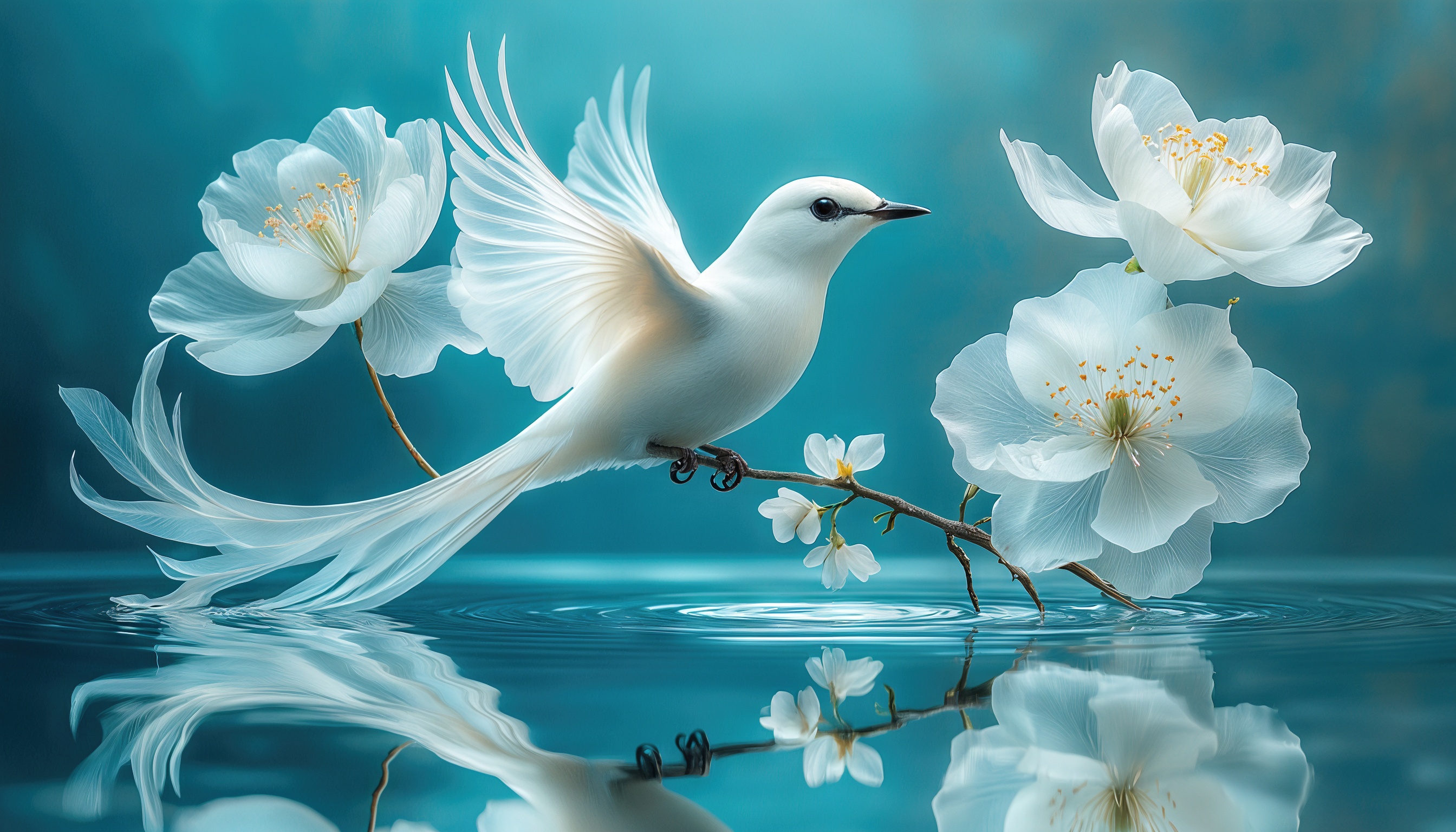 Бесплатное фото Стилизованная белая птица с длинным хвостом на ветке среди цветов, отражающаяся в воде.