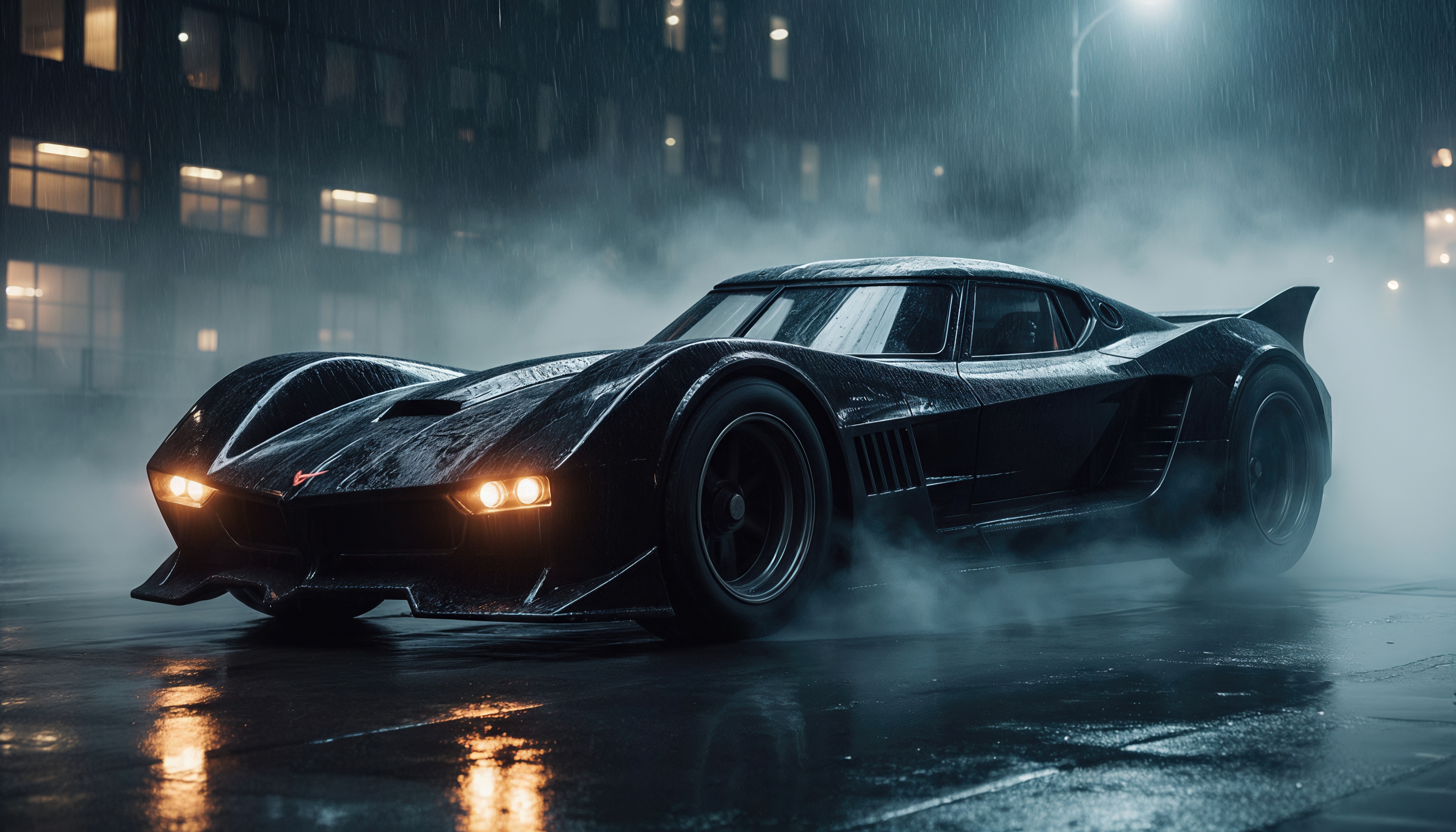 Free photo A black supercar in the style of a Batmobile on a city street at night in the pouring rain.
