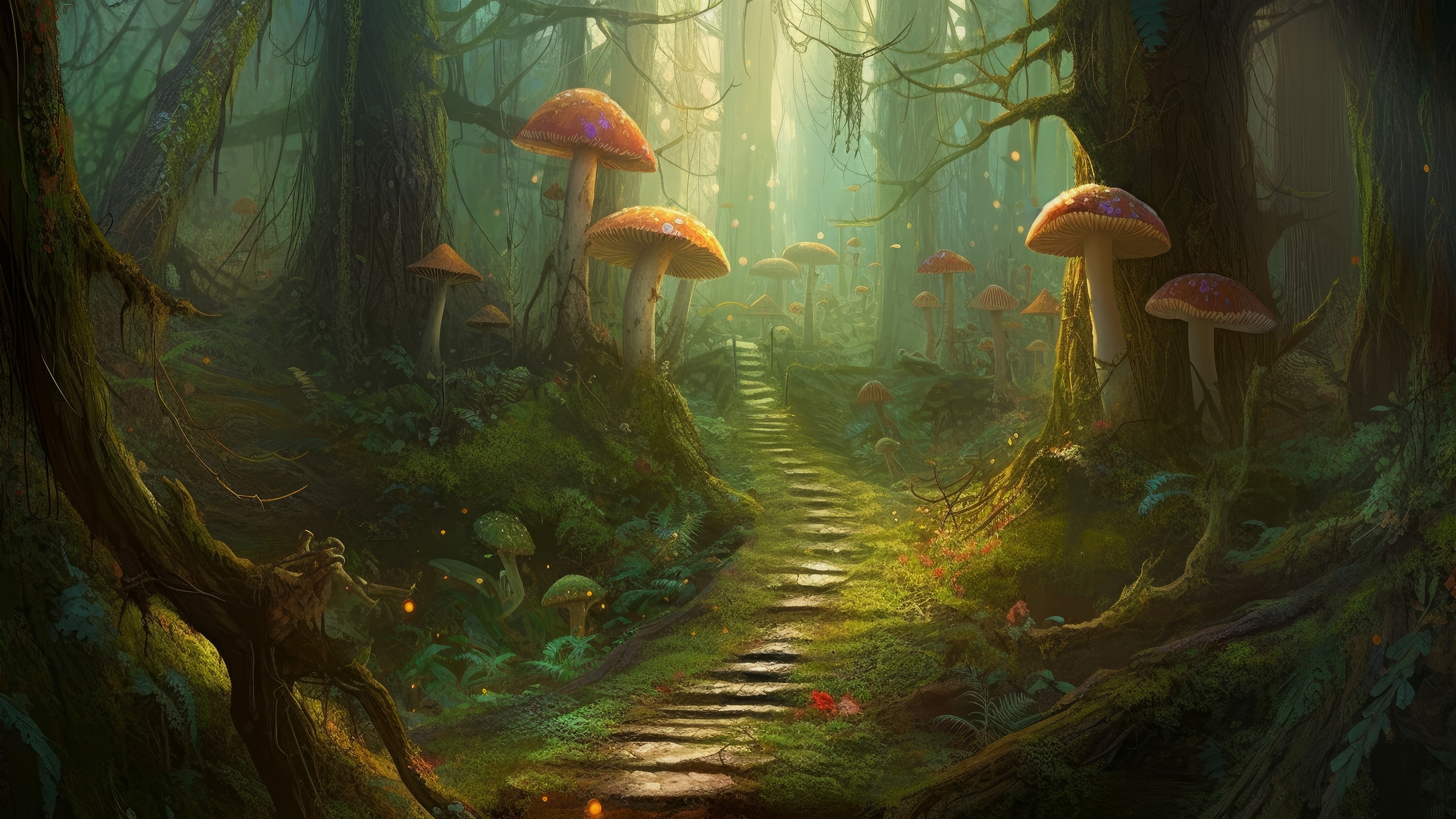 A fantasy forest trail with big mushrooms