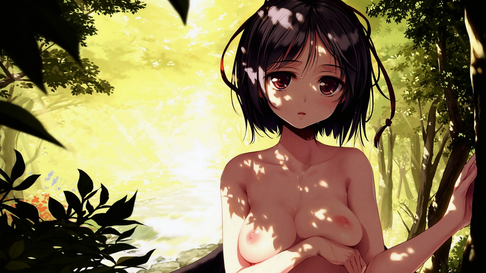 Free photo Drawing of anime hero Aya Shameimaru naked in the forest
