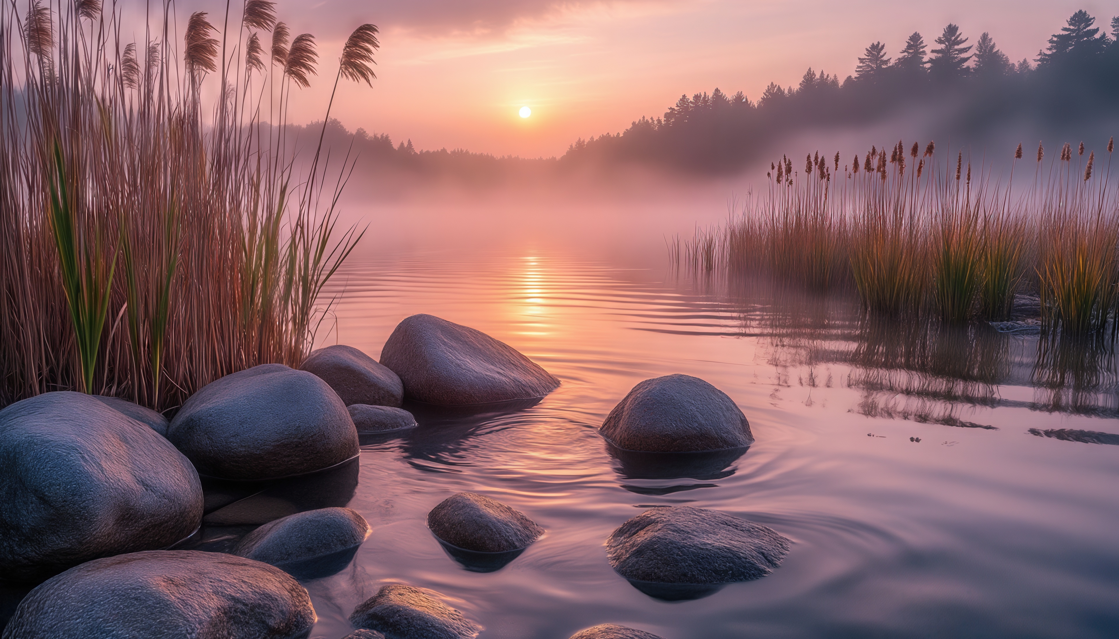 Спокойный берег озера с камнями и тростником на рассвете.