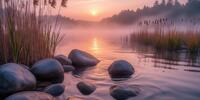 Спокойный берег озера с камнями и тростником на рассвете.