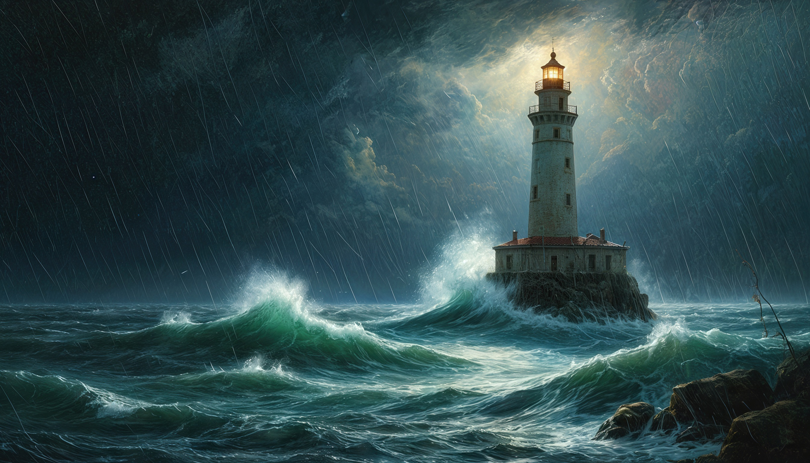免费照片一座古老的灯塔照亮了汹涌的雨夜大海。