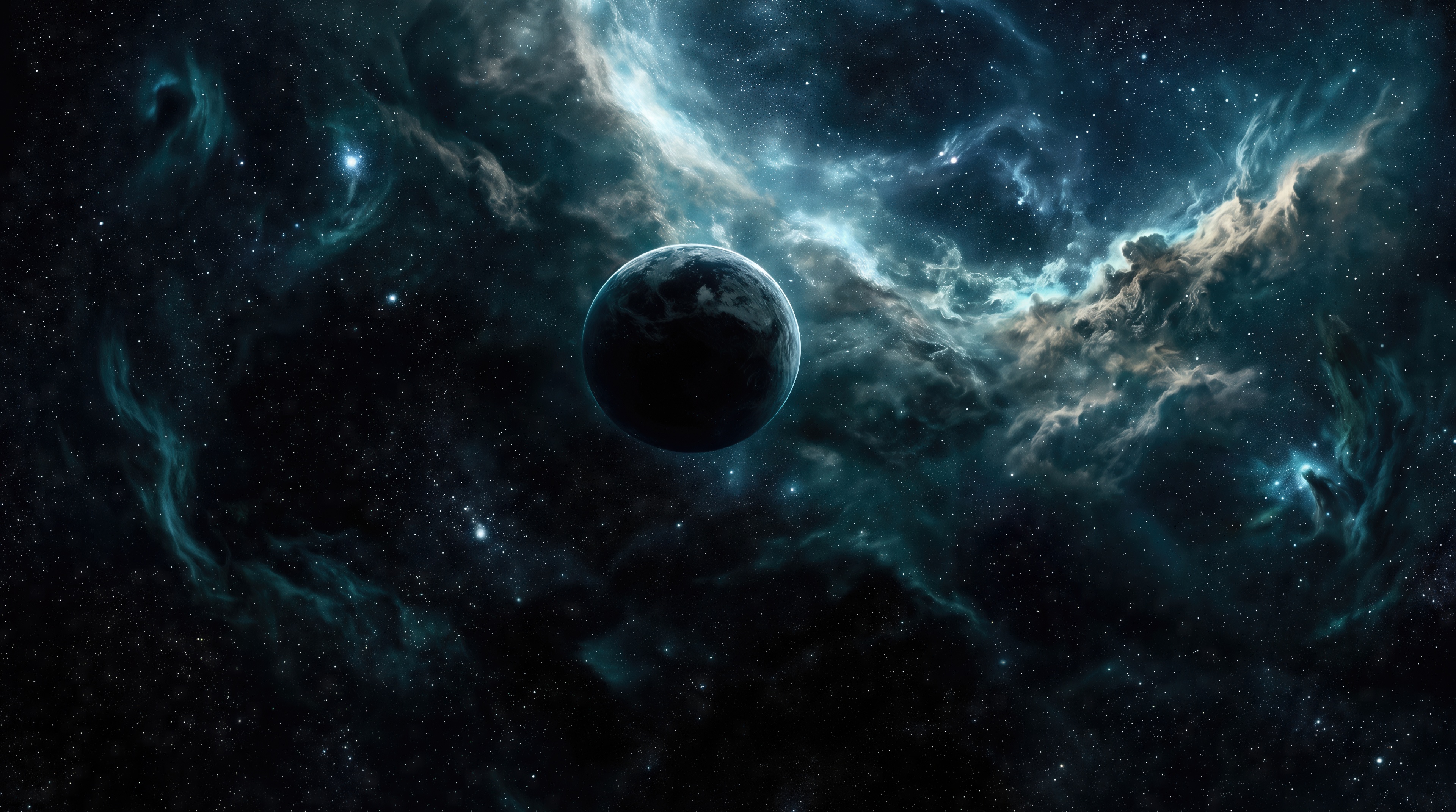 A dark round planet hovers in deep space against the background of a bright turquoise nebula with stardust.