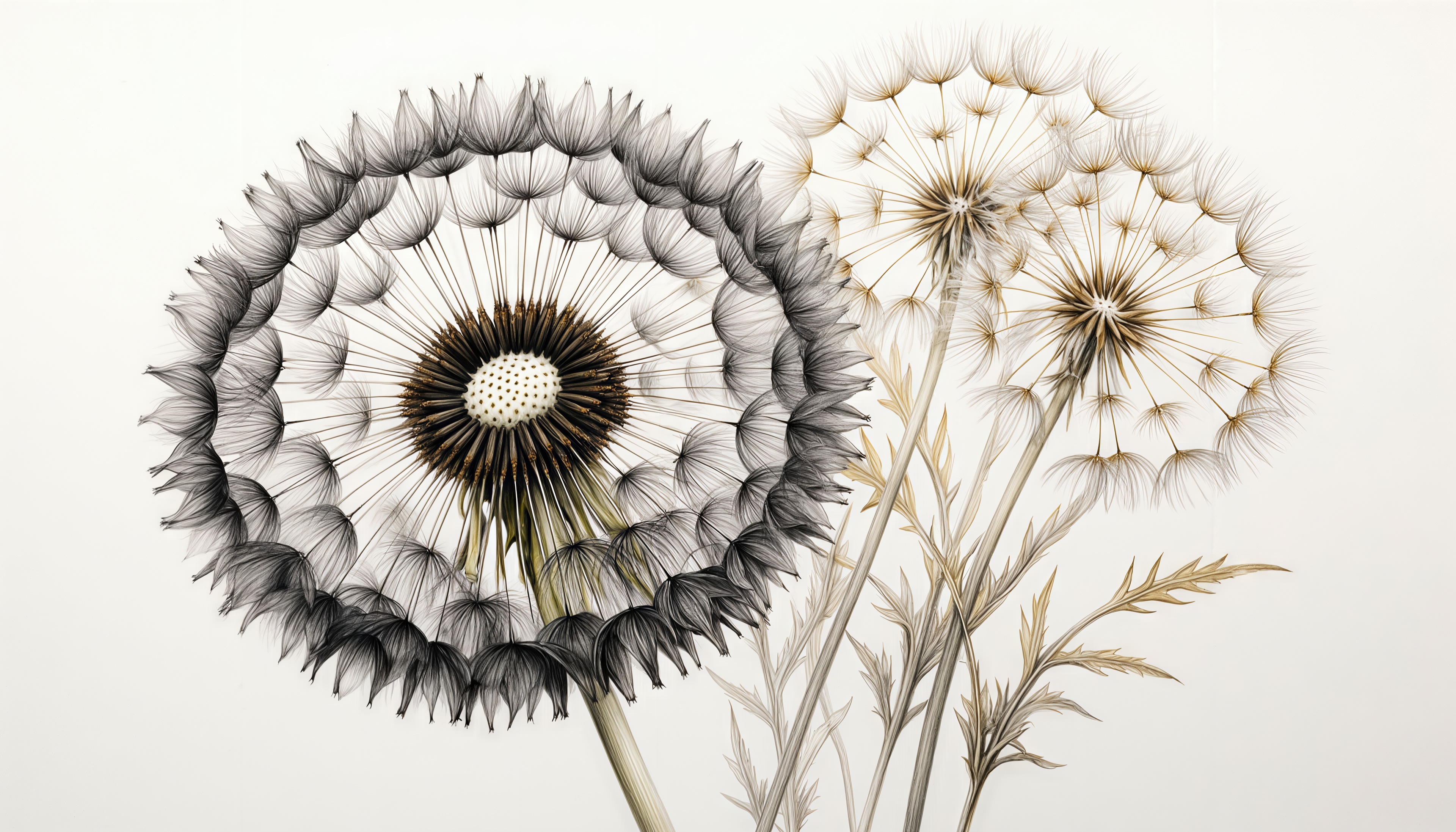 Графичный рисунок пушистых одуванчиков на светлом фоне.