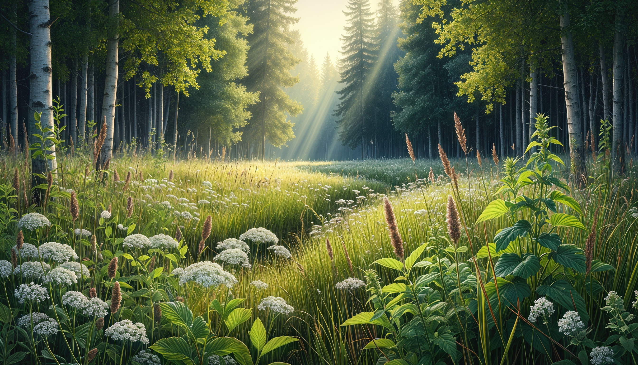 Бесплатное фото Лесной пейзаж с поляной, деревьями и игрой света и тени.