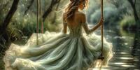 Девушка в зелёном платье качается на качелях над водой, окружённая лесом и солнечным светом.