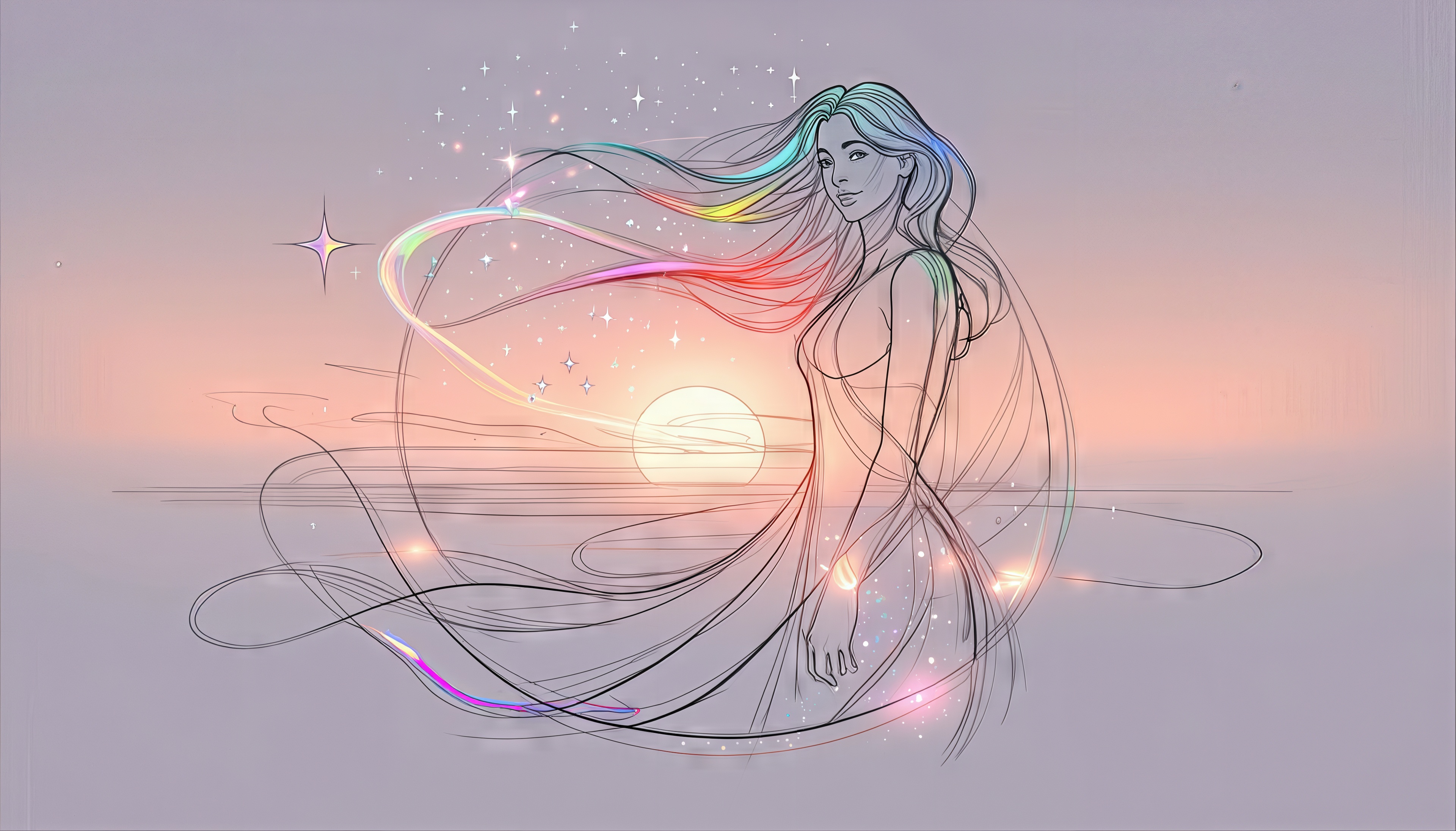 免费照片彩虹头发的女孩在夕阳的天空下，被星星包围。