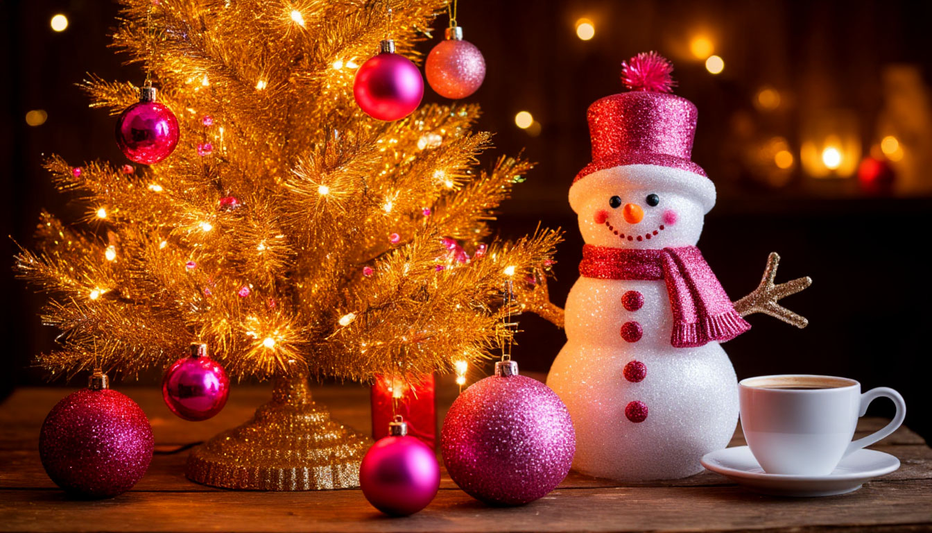 Бесплатная открытка Весёлыё снеговик и золотая ёлка.