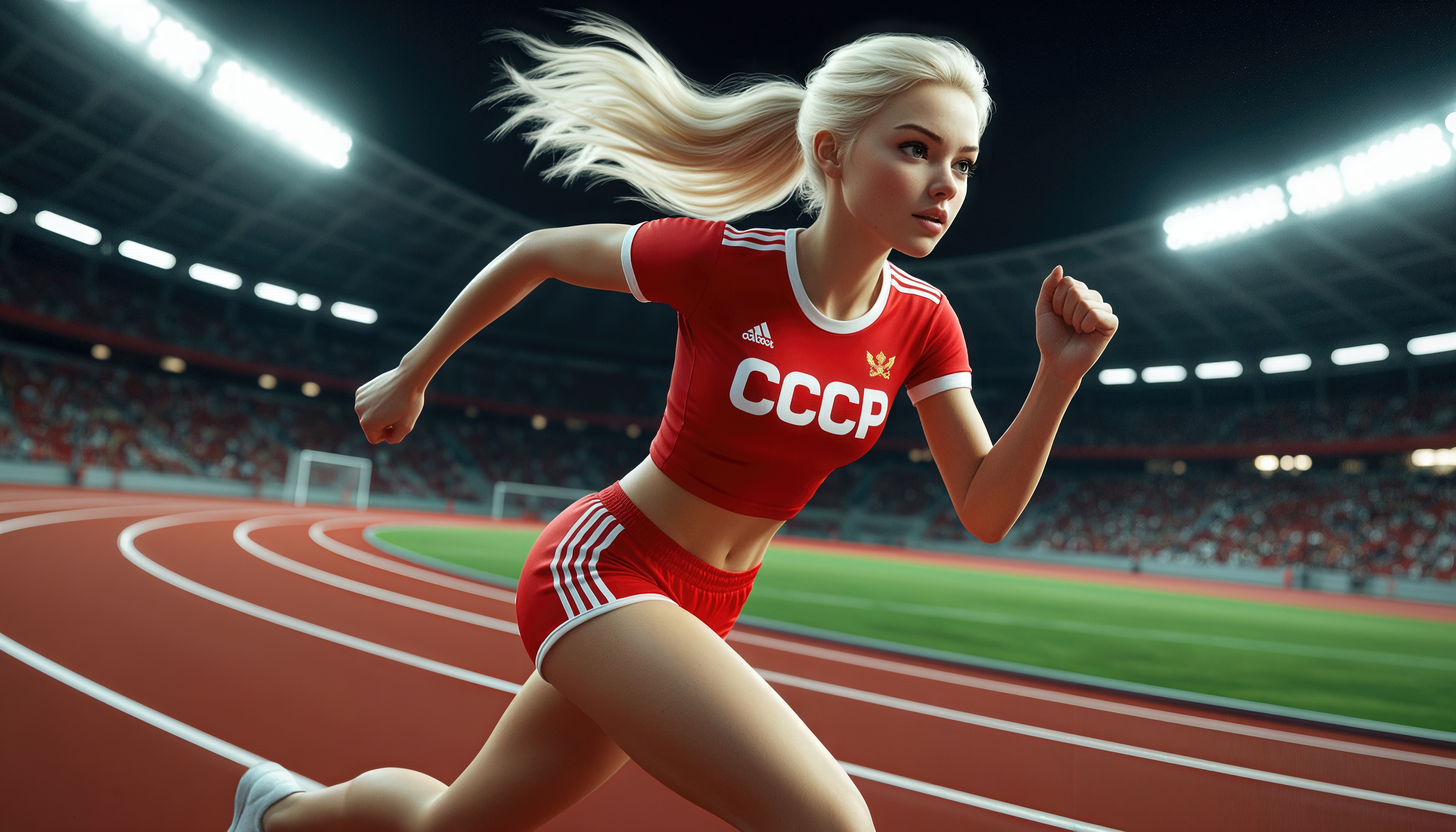 Спортсменка в экипировке СССР на беговой дорожке.