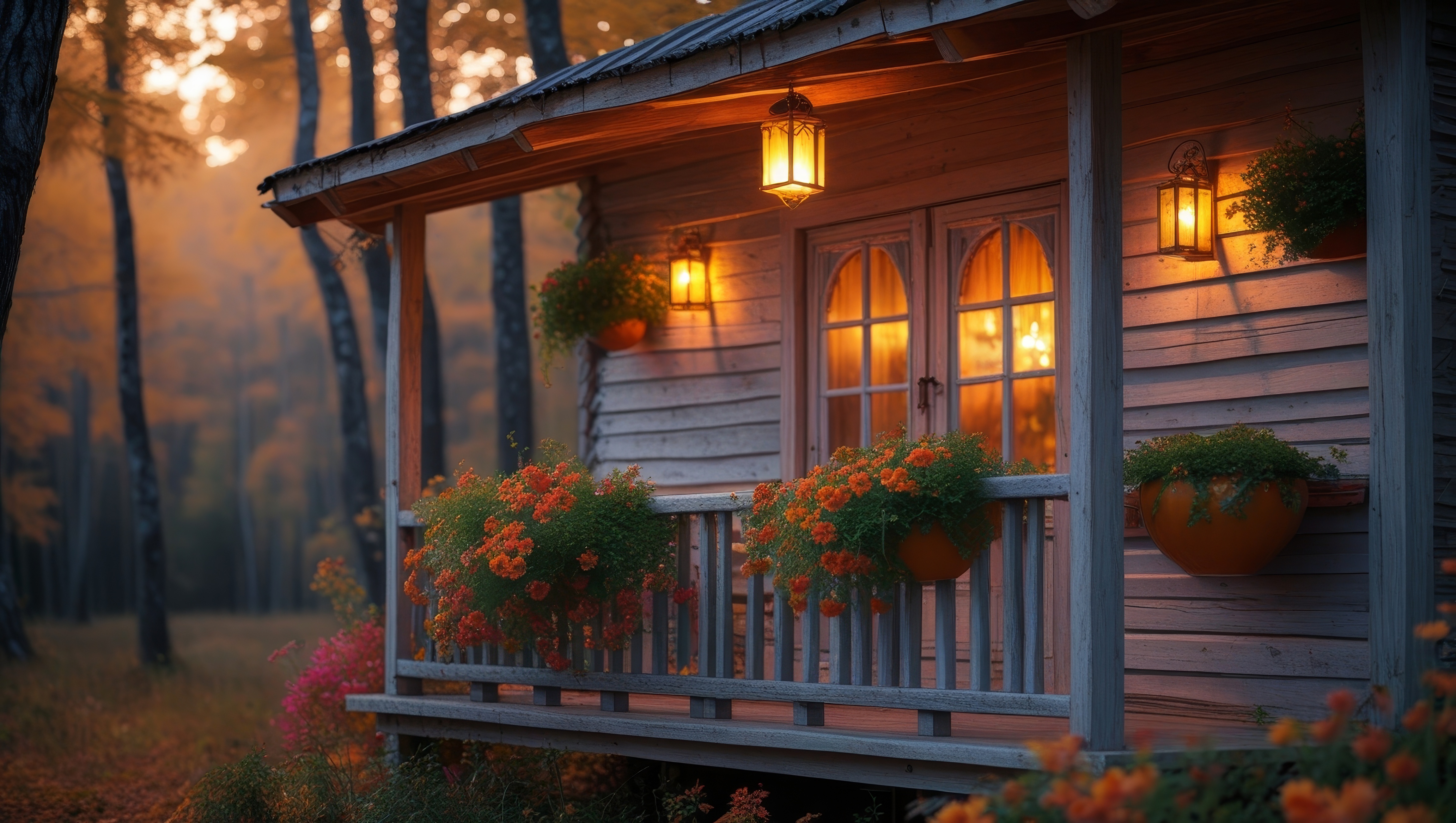 免费照片门廊区域，光线透过树丛照射进来，后面是一个摆放着盆栽的小房子