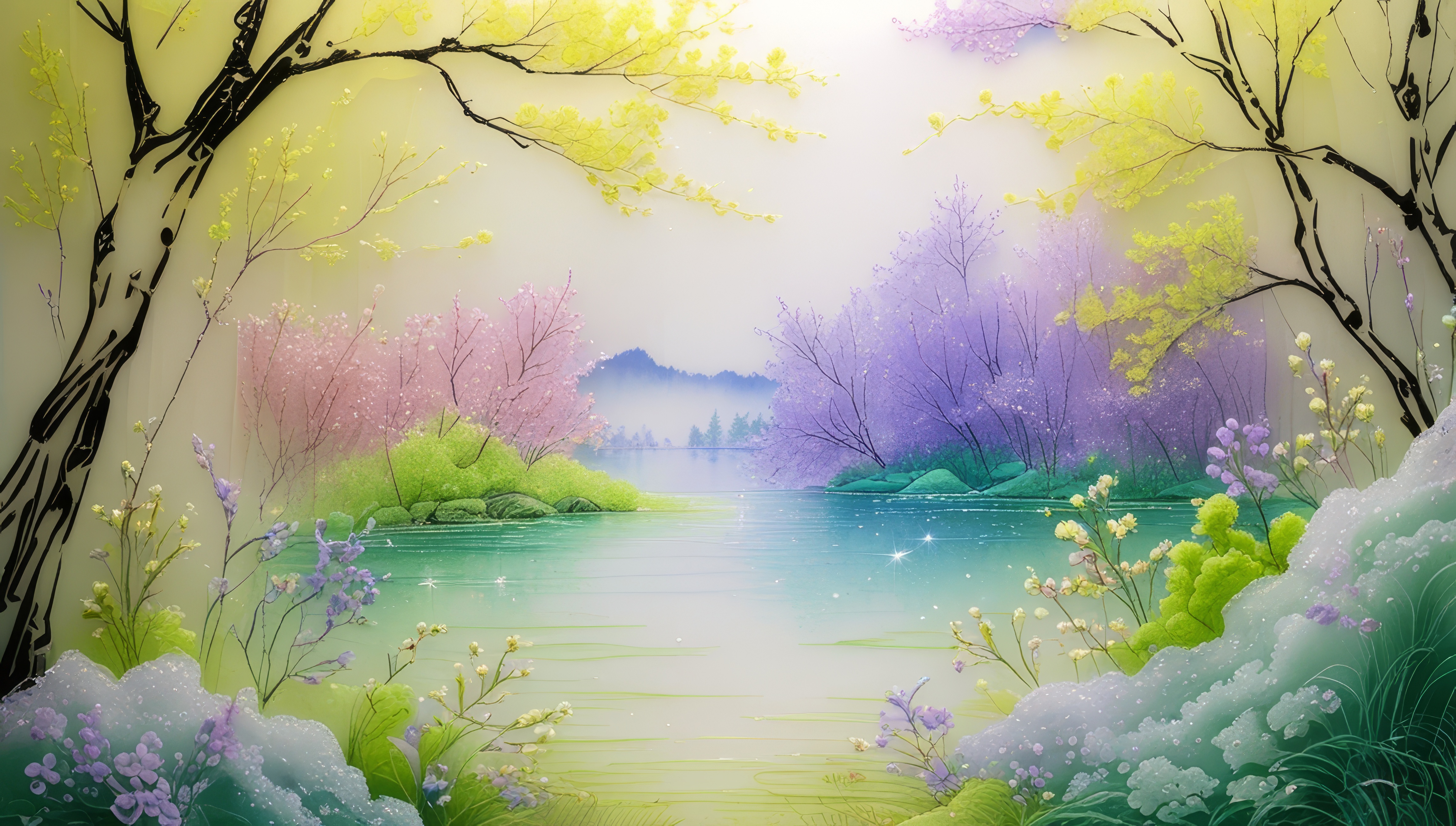 Художественная сцена с изображением деревьев и цветов у водоема