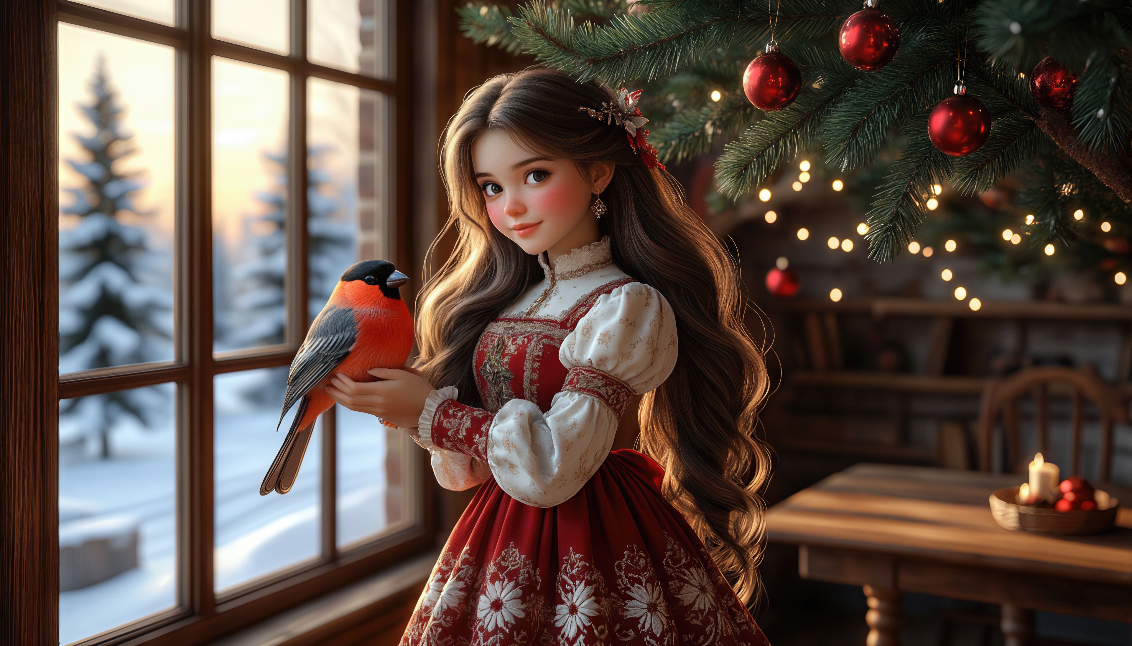 Бесплатное фото Девочка в традиционном платье держит снегиря у окна, за которым зимний пейзаж, рядом - украшенная ёлка.