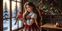 Девочка в традиционном платье держит снегиря у окна, за которым зимний пейзаж, рядом - украшенная ёлка.