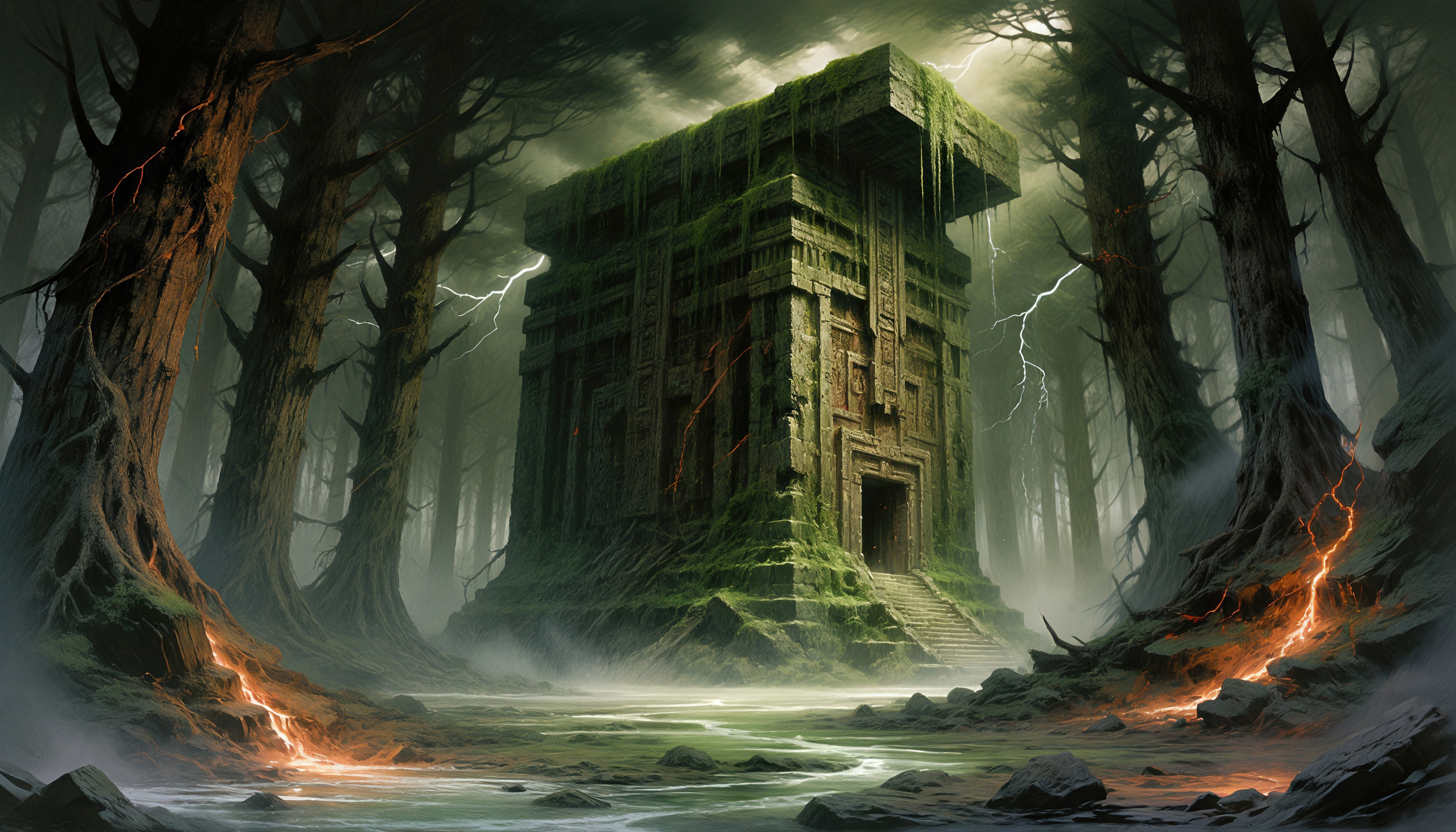 Мрачные руины древнего храма в густом лесу, окружённые молниями и огненными трещинами.