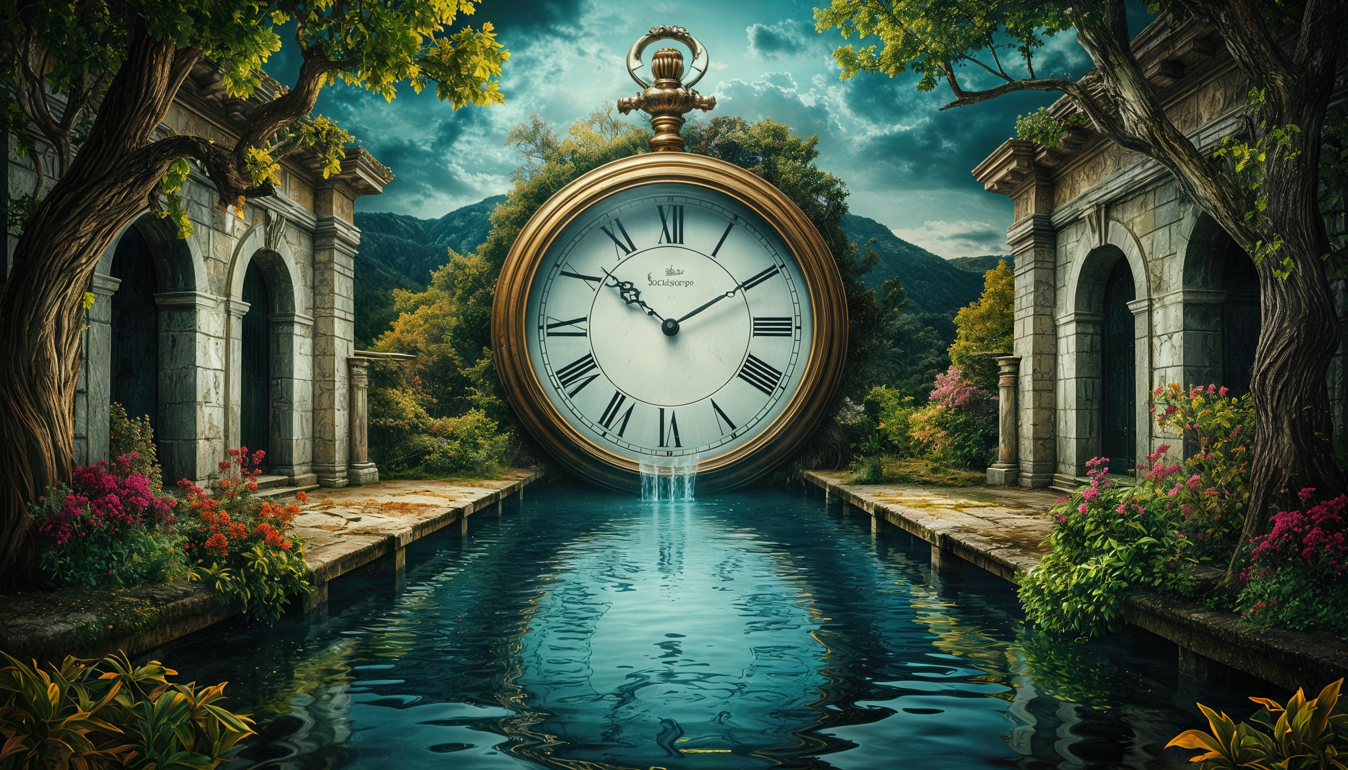 免费照片带有水体、建筑和时钟的超现实主义景观。