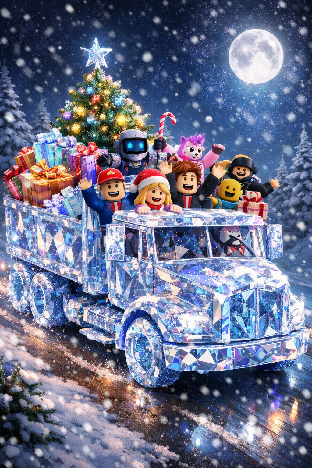 Бесплатная открытка Герои Роблокс везут новогоднюю елку.