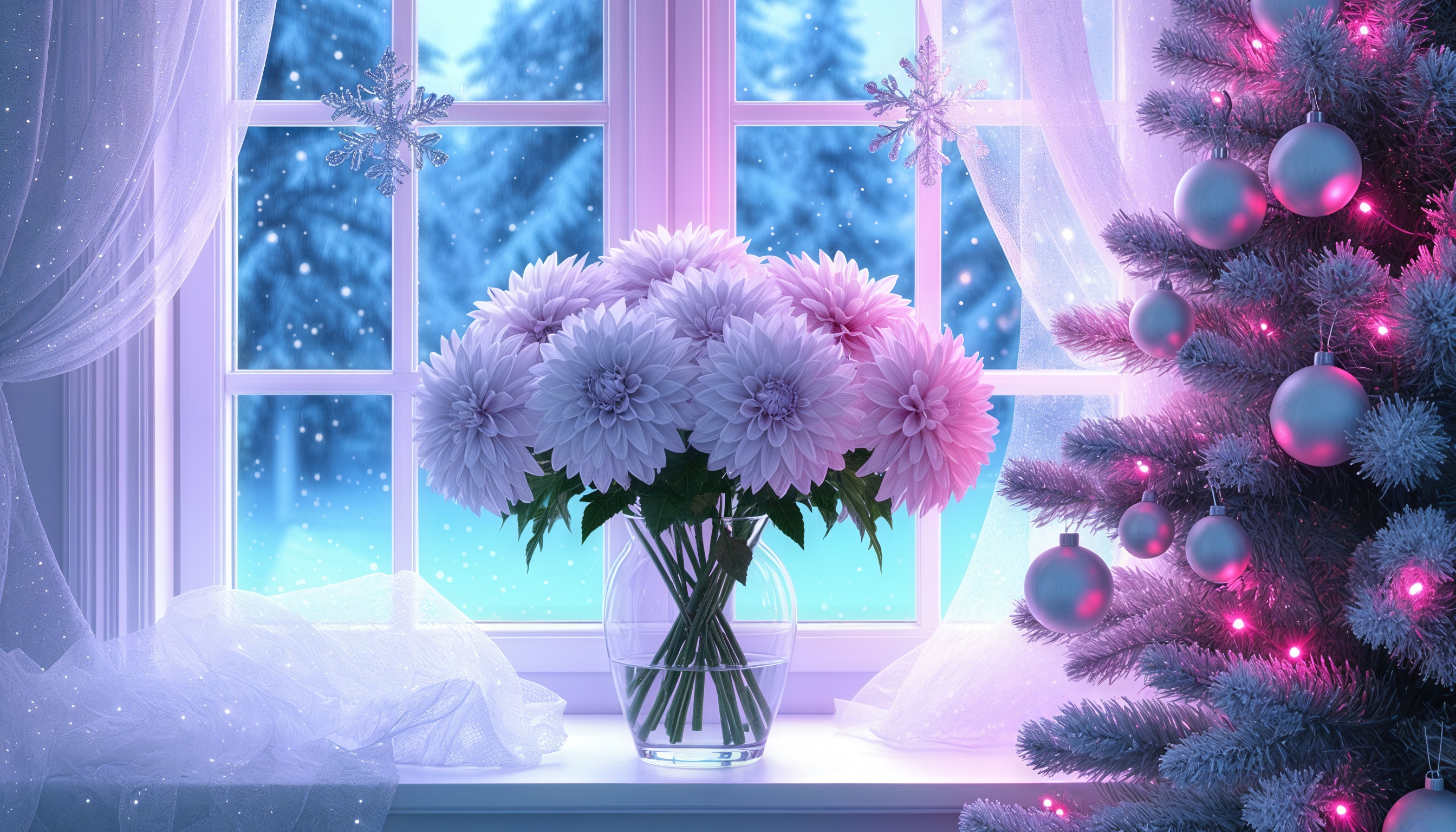 Бесплатное фото Новогодняя композиция с окном, украшенным снежинками, букетом хризантем и елкой с шарами и гирляндами.