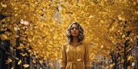 A girl in a yellow dress is standing under a tree full of yellow leaves