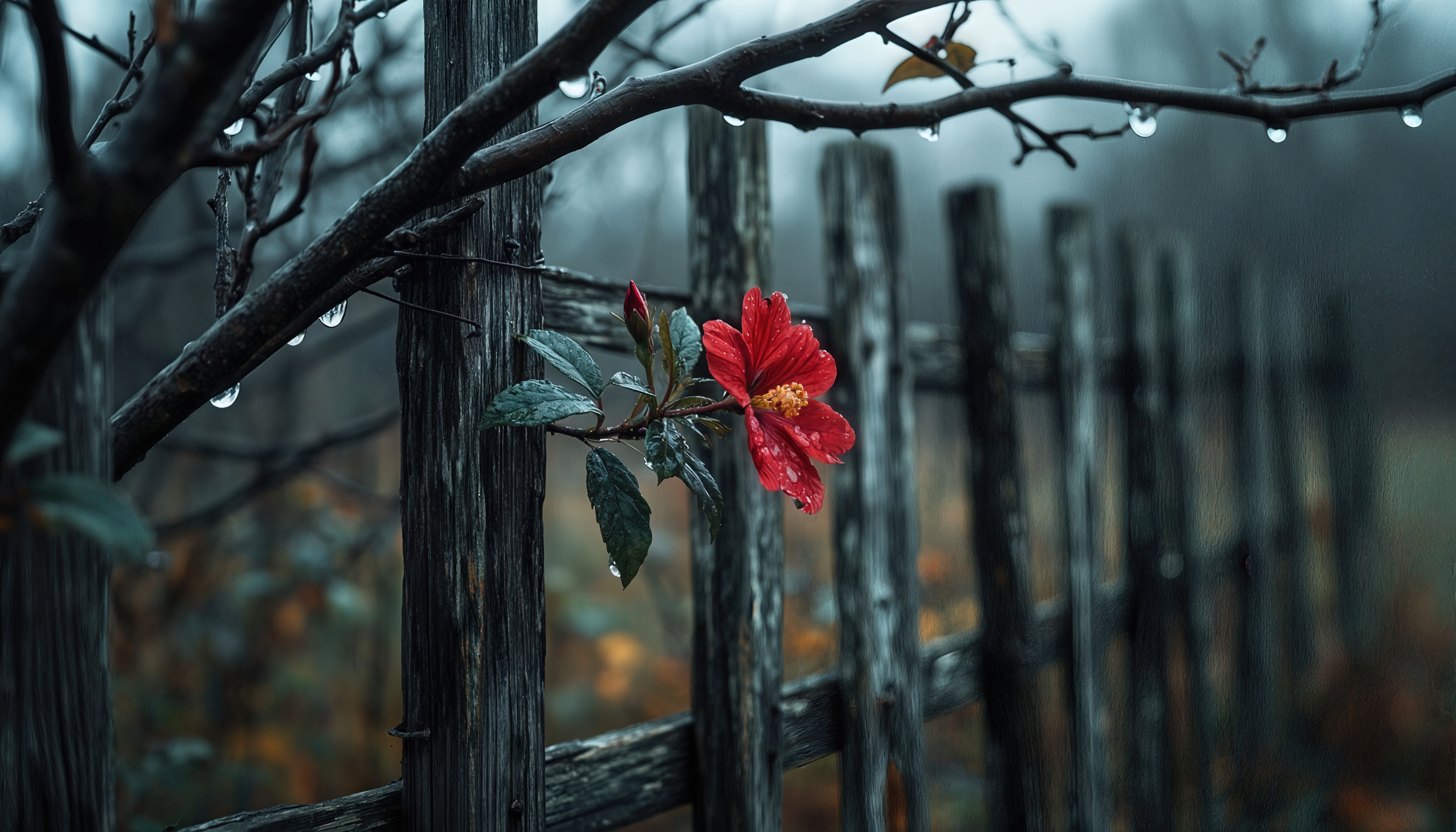 Бесплатное фото Яркий красный цветок гибискуса на фоне старого деревянного забора в туманный день.