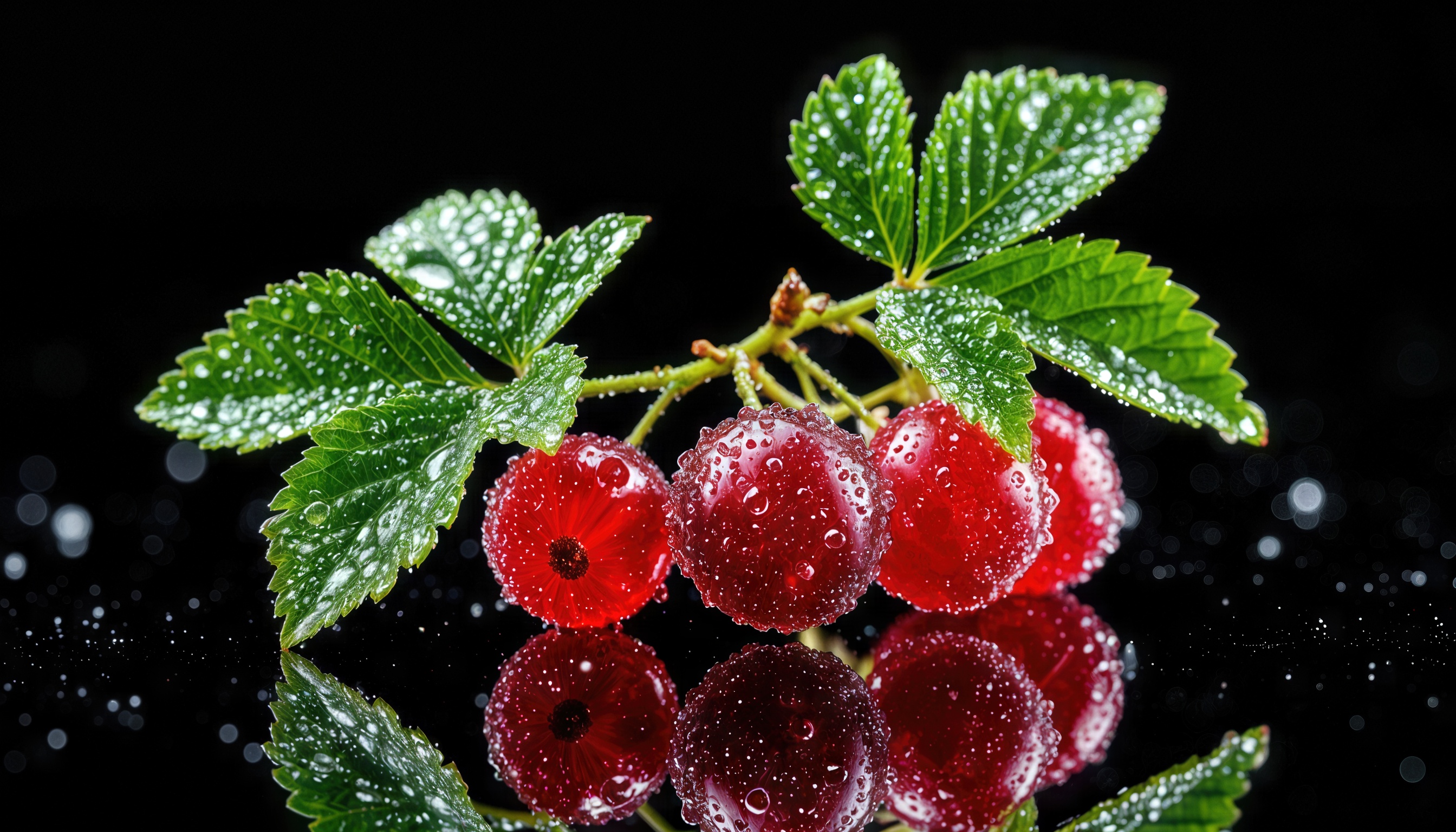 Free photo Drops of moisture on scarlet red currant berries, fresh green leaves, deep dark background.