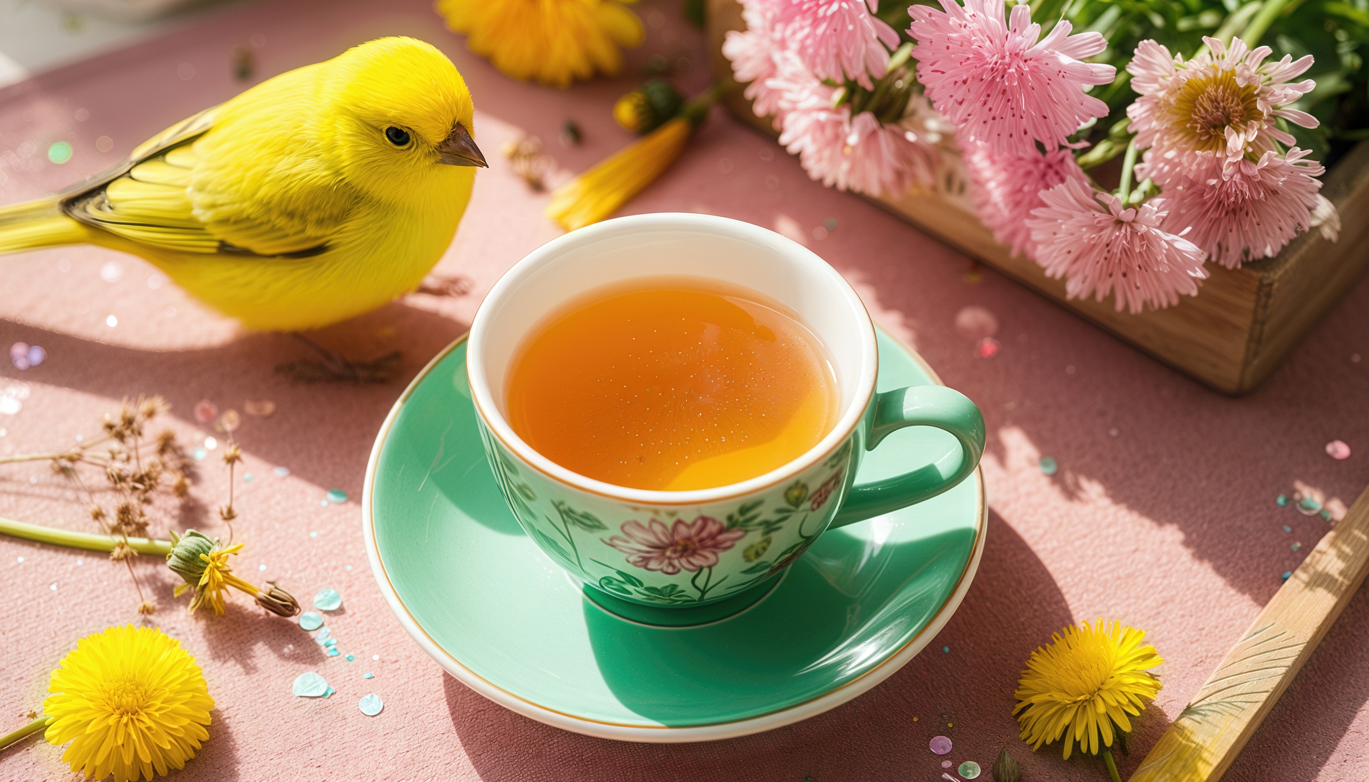 Бесплатное фото Спокойствие и гармония с природой через композицию с чашкой чая, яркой птицей и цветами.