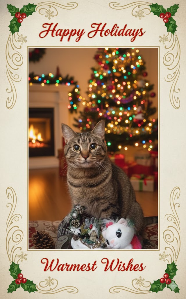 Бесплатная открытка Котик Лев и ёлка.