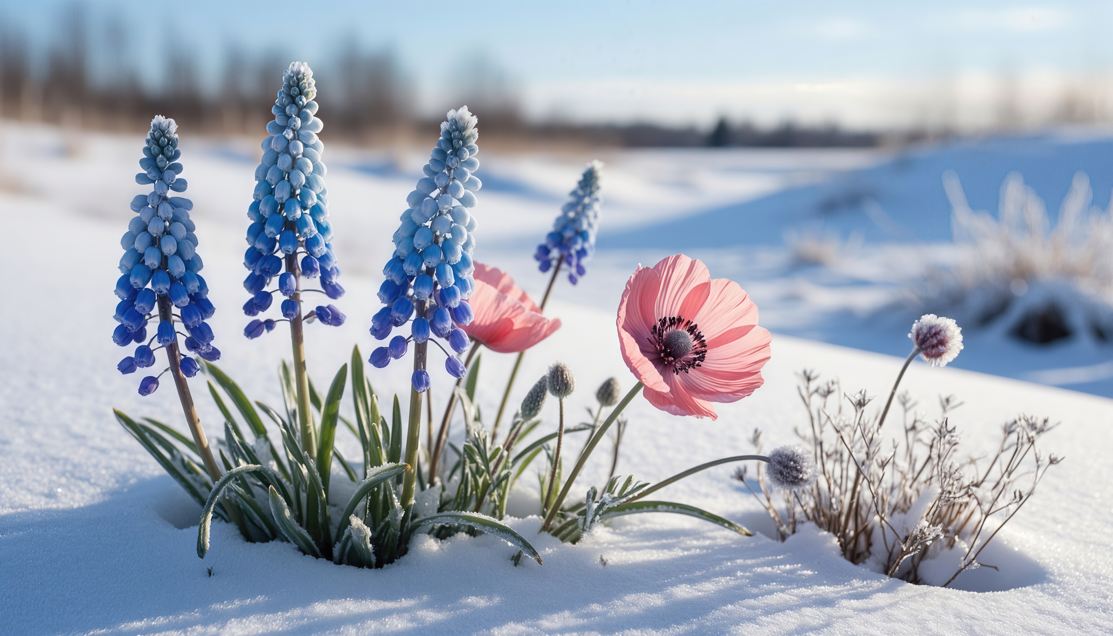 Бесплатное фото Мускари и анемона смело пробиваются сквозь снежный покров - знак наступающей весны.