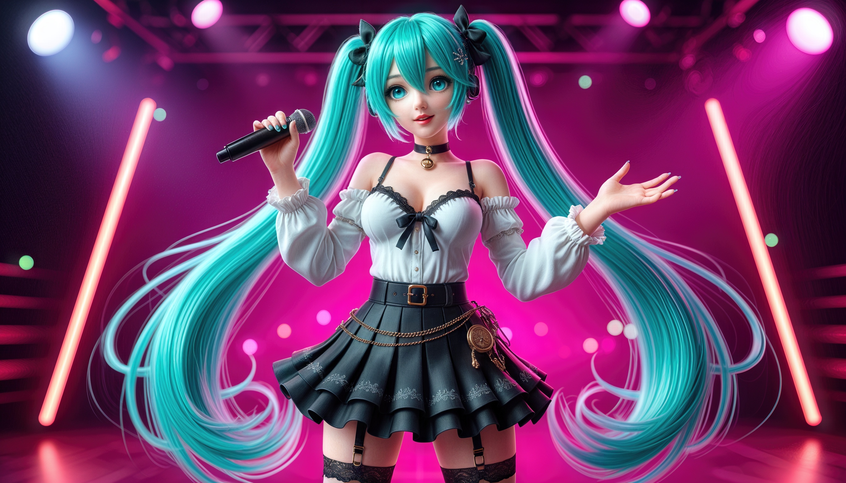 Мику Хацунэ из серии Vocaloid поёт на сцене в костюме в стиле лолита с элементами готики.