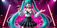 Мику Хацунэ из серии Vocaloid поёт на сцене в костюме в стиле лолита с элементами готики.