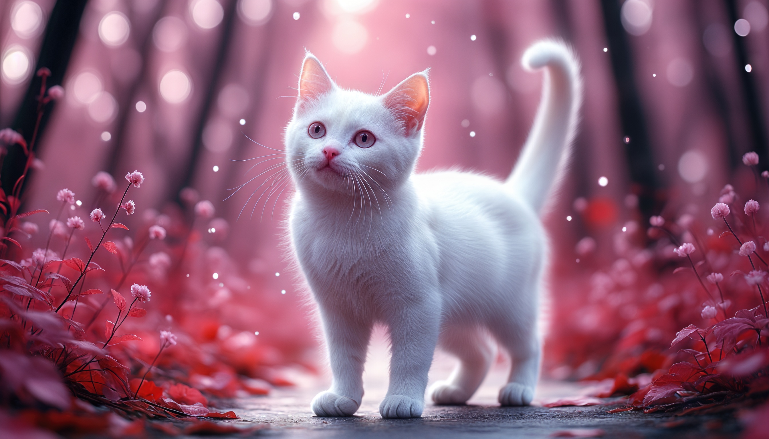 Бесплатное фото Белый пушистый котенок с большими глазами на фоне цветущего сада.