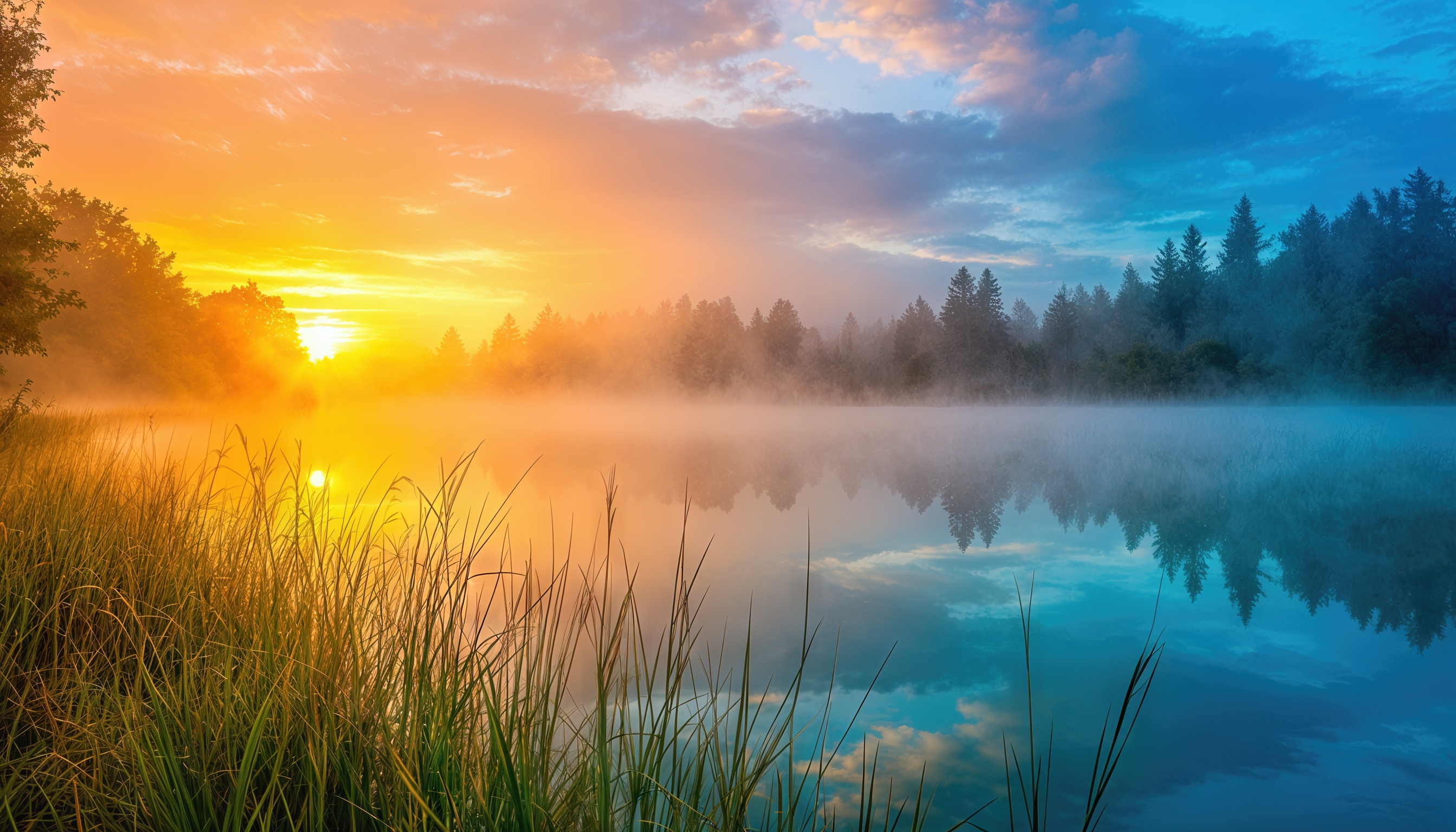 Бесплатное фото Живописный пейзаж с озером, окружённым лесом, в утреннем свете с туманом и отражением на воде.