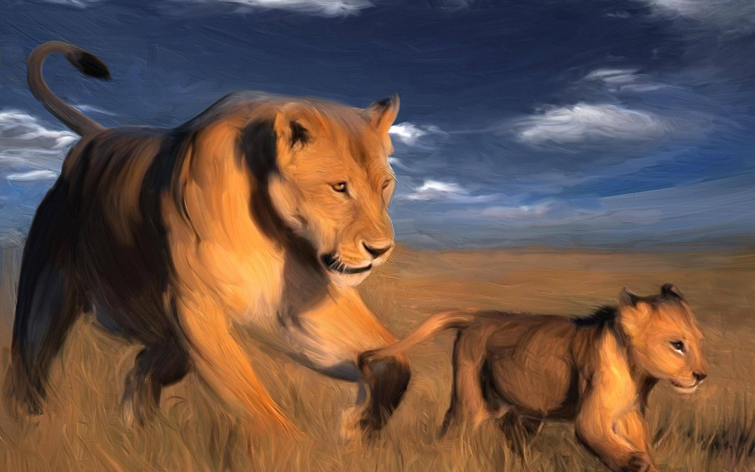 桌面上的壁纸母狮和小狮 家庭 渲染