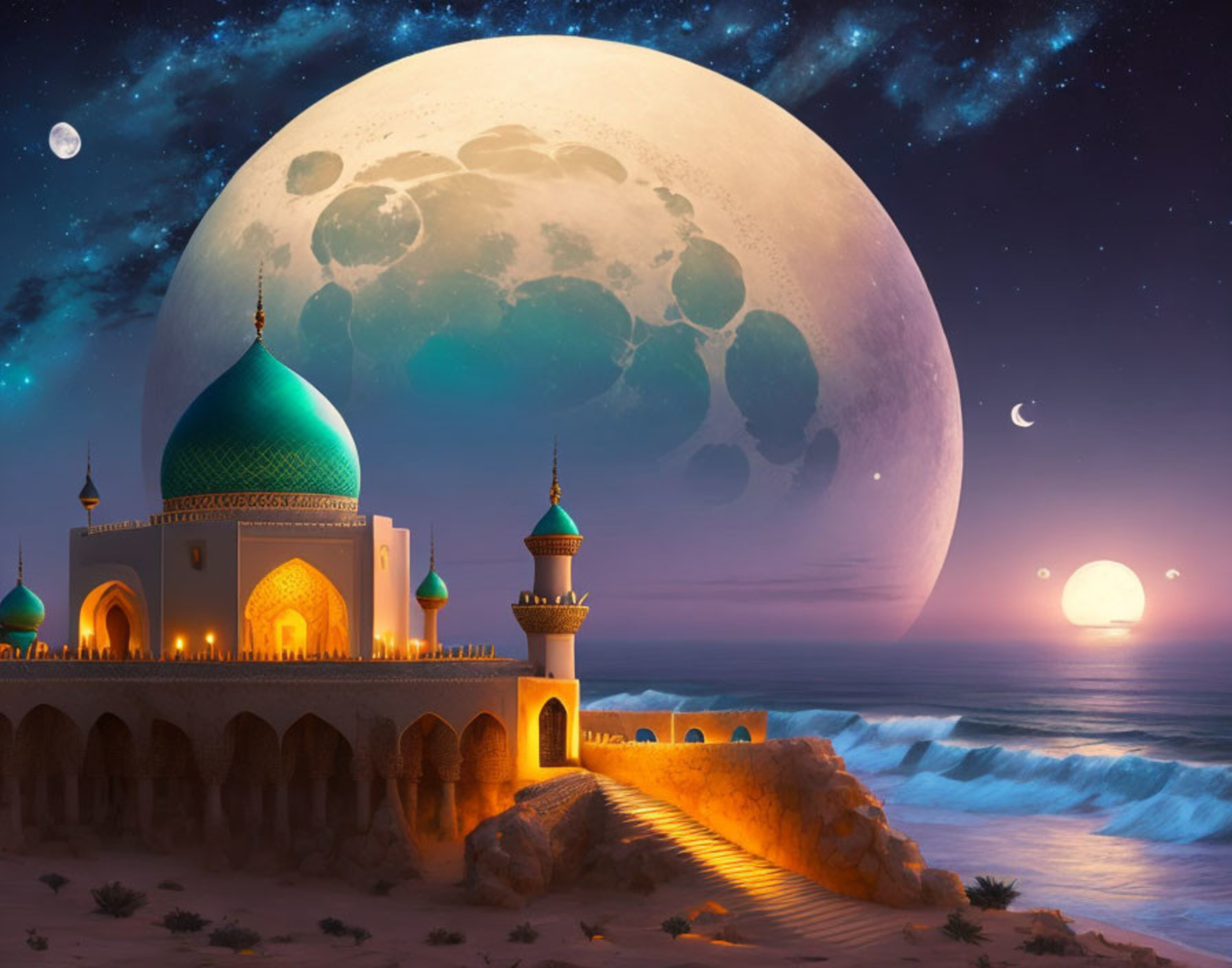 巨大月亮背景下的阿拉伯城堡