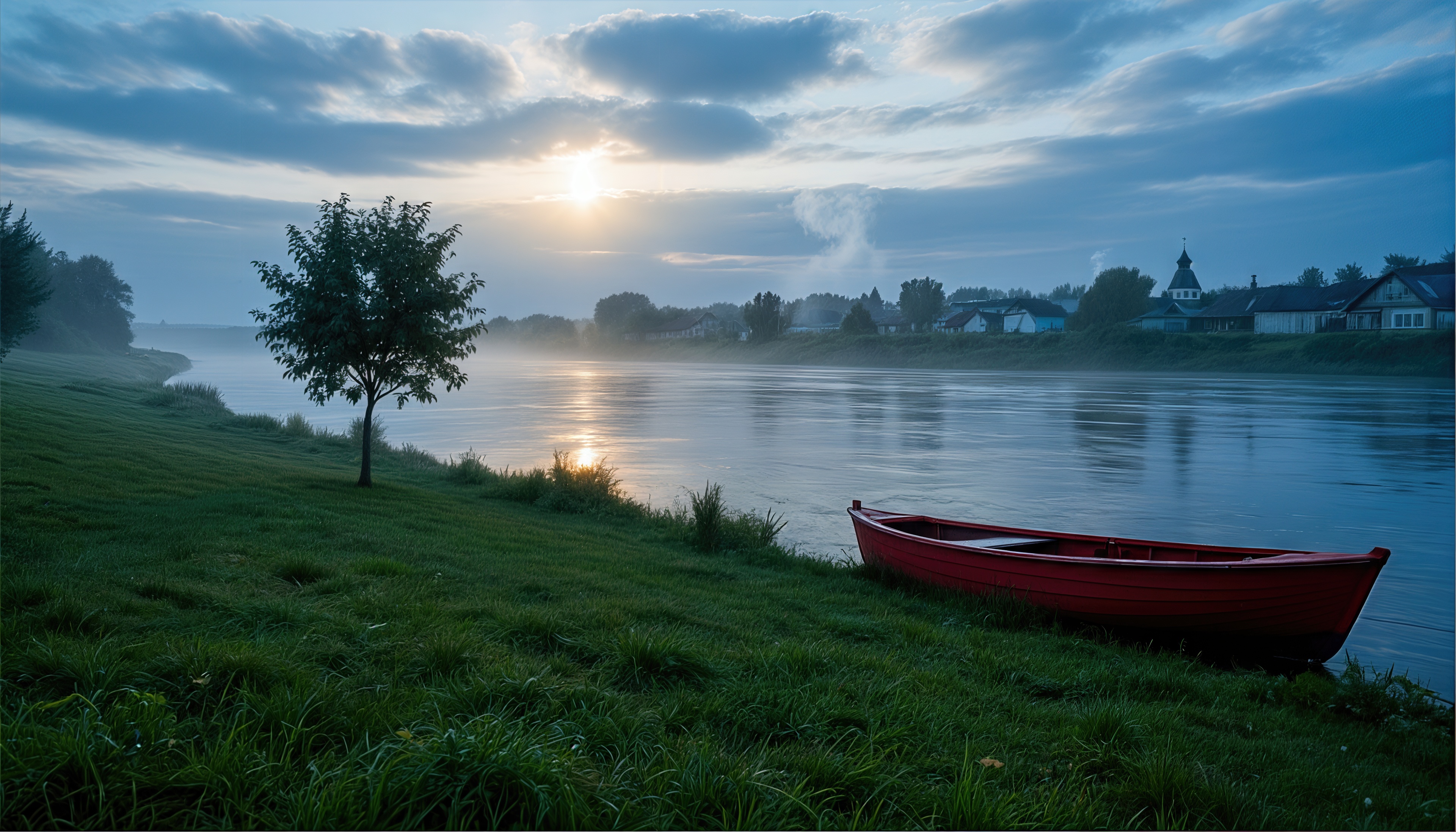 Wallpapers dawn river boat on the desktop