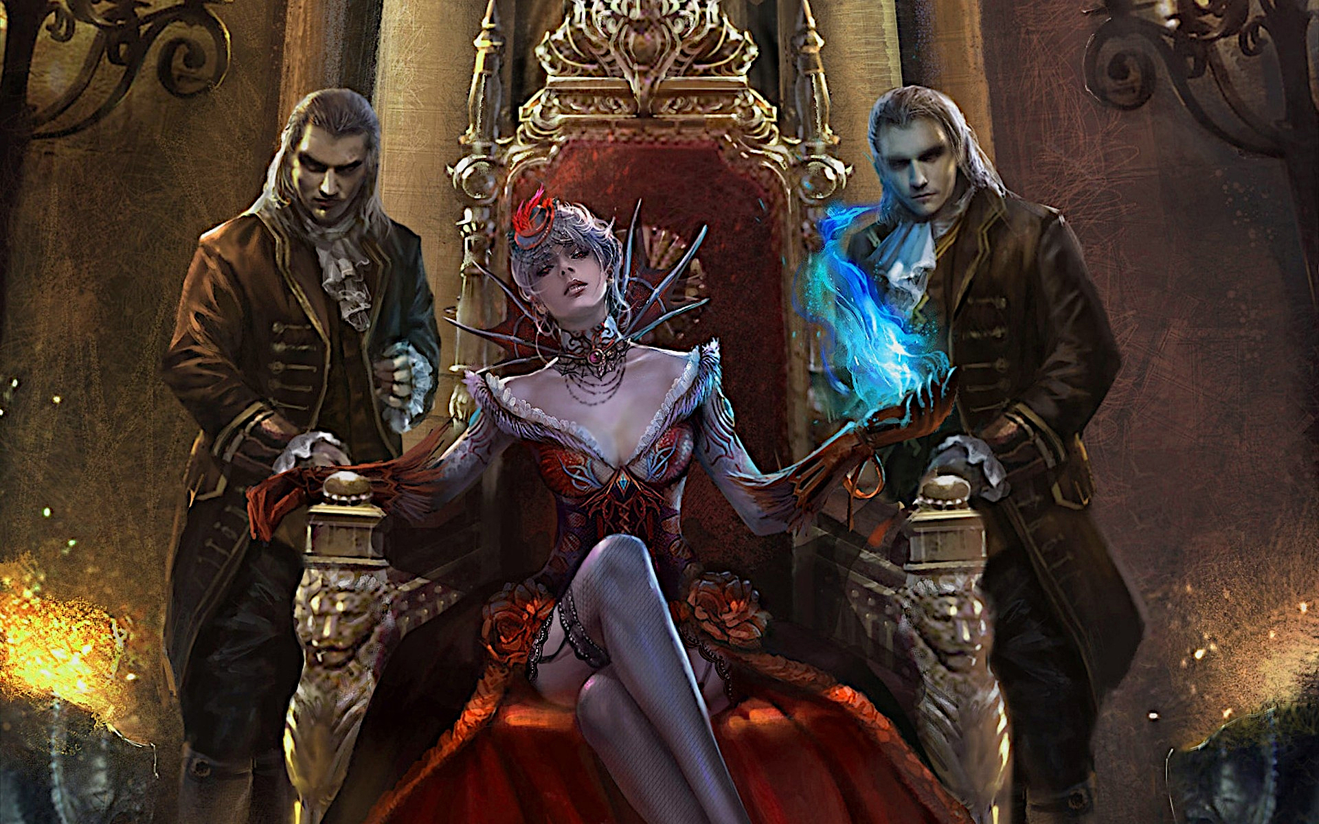 Fantasy vampire girl sitting on a throne.