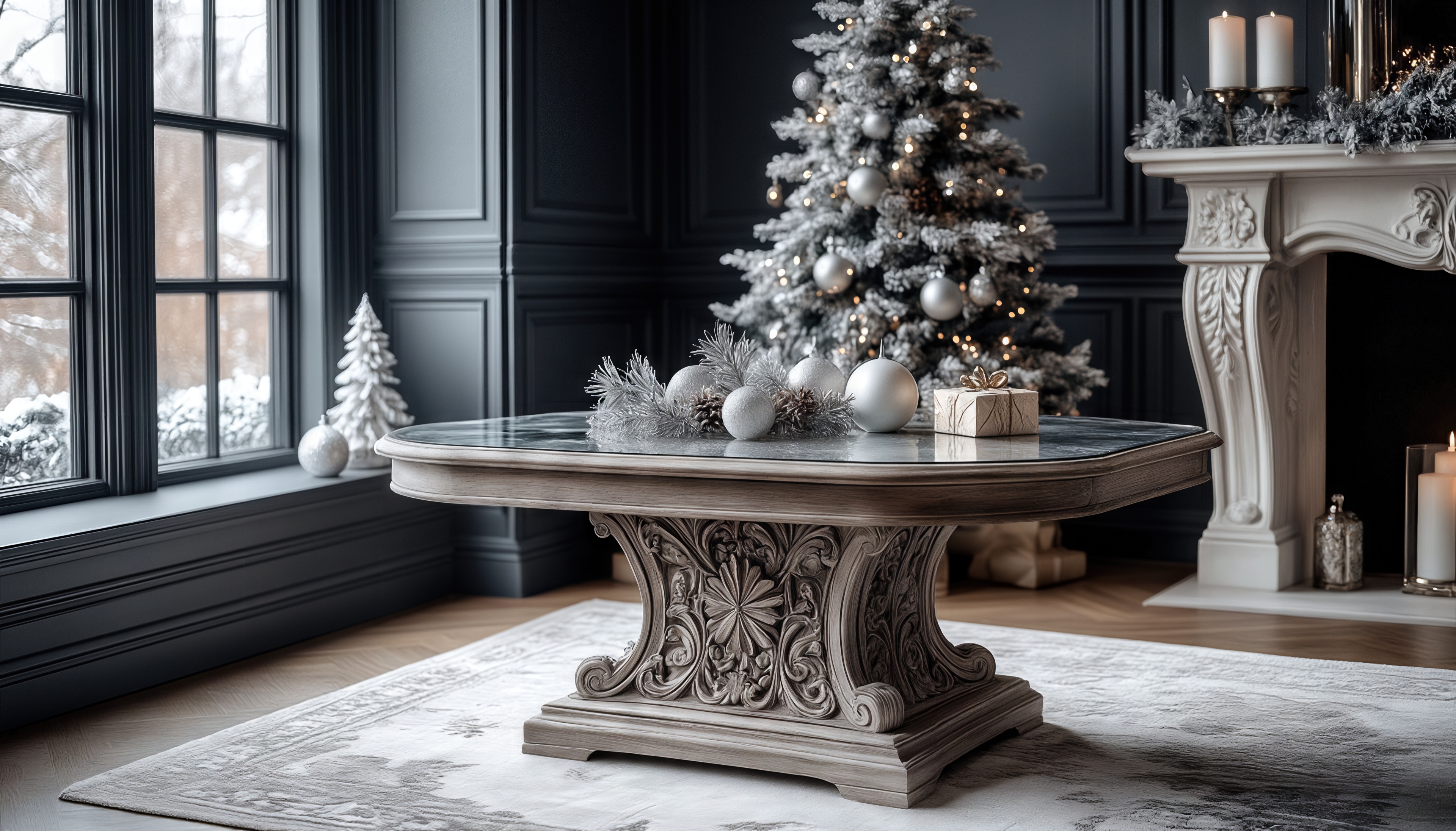 Бесплатное фото Элегантная гостиная с ёлкой, камином и изысканным столом - атмосфера уюта.