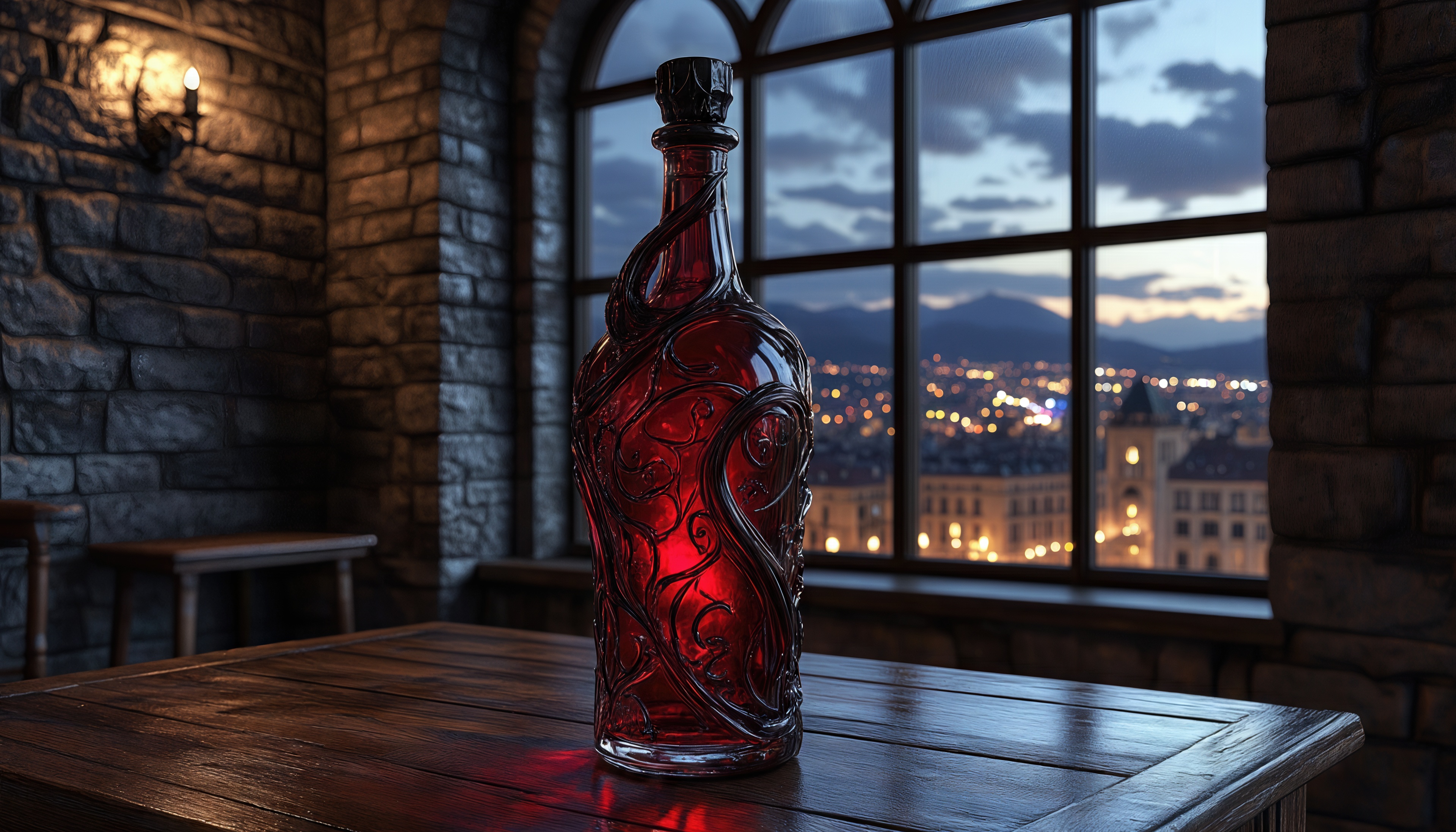 Бесплатное фото Красная бутылка с узором на деревянном столе у окна с видом на город.
