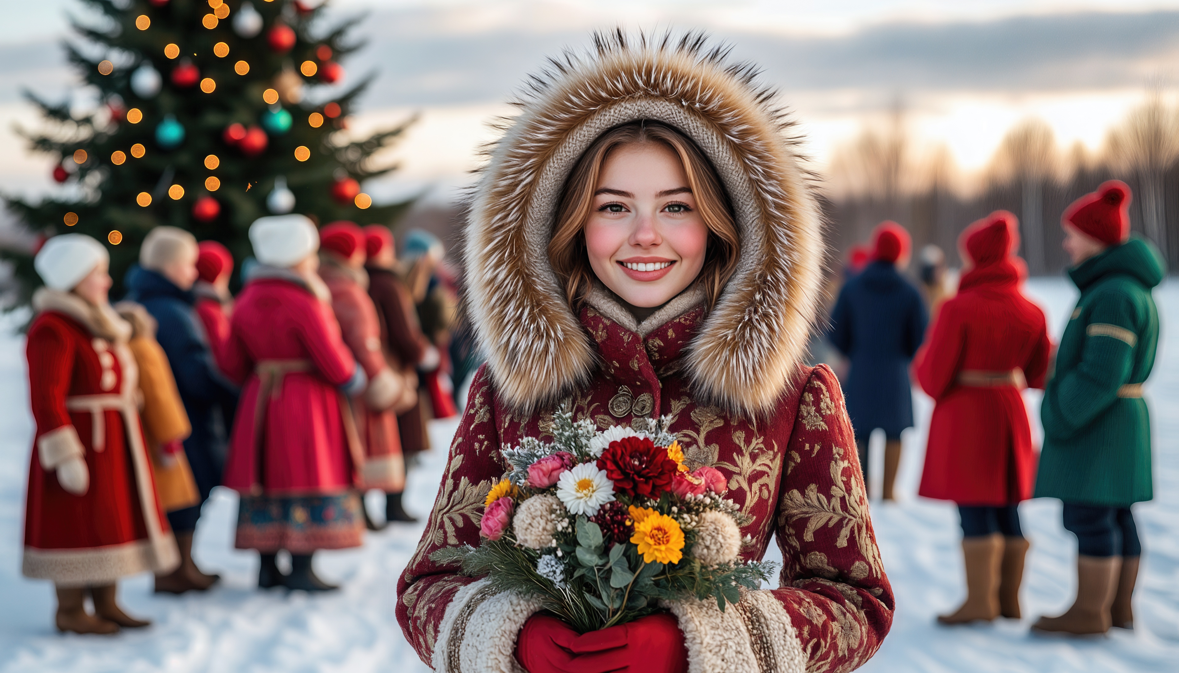 Девушка с букетом на фоне сияющей новогодней ёлки - атмосфера уюта.