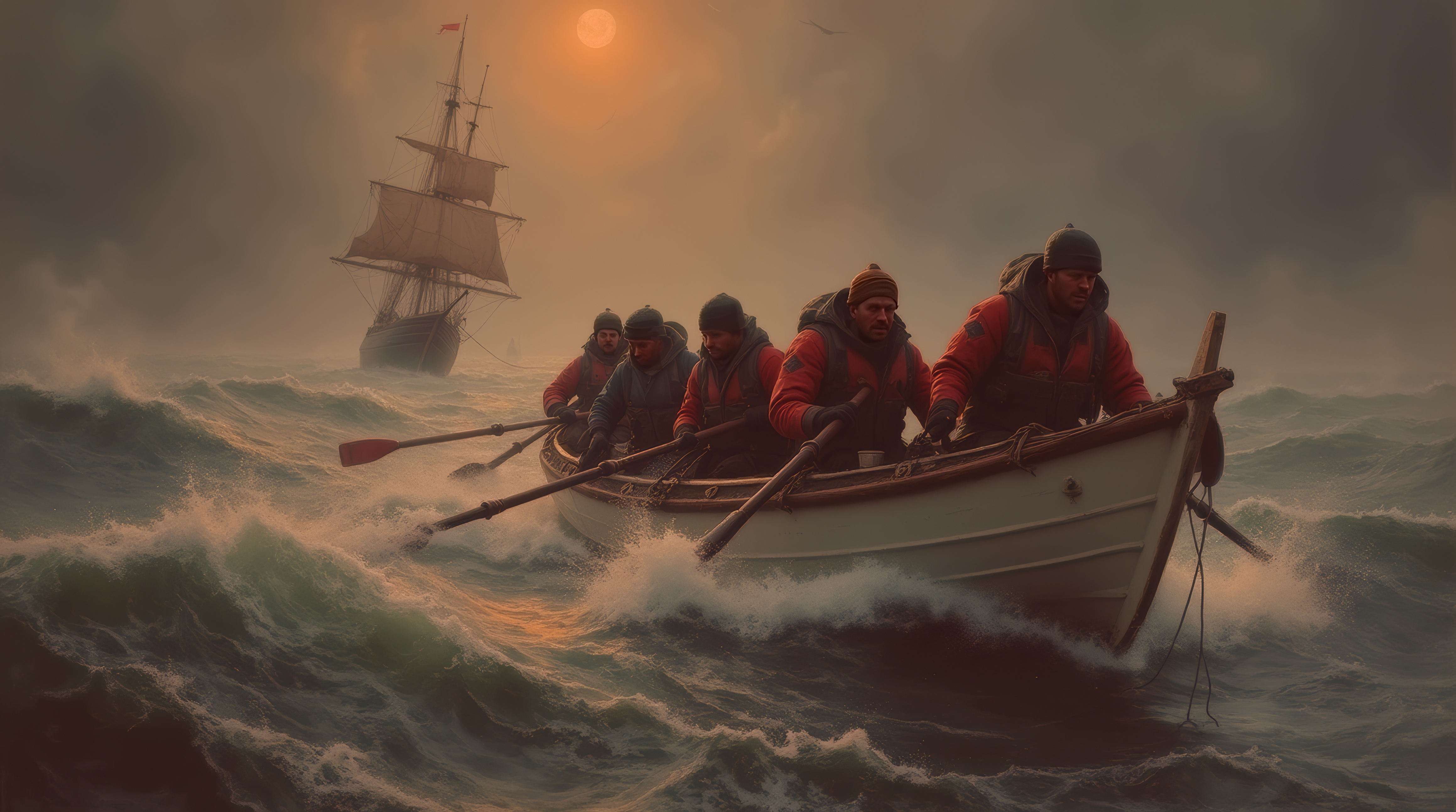 Three men in a rowboat with people wearing life jackets