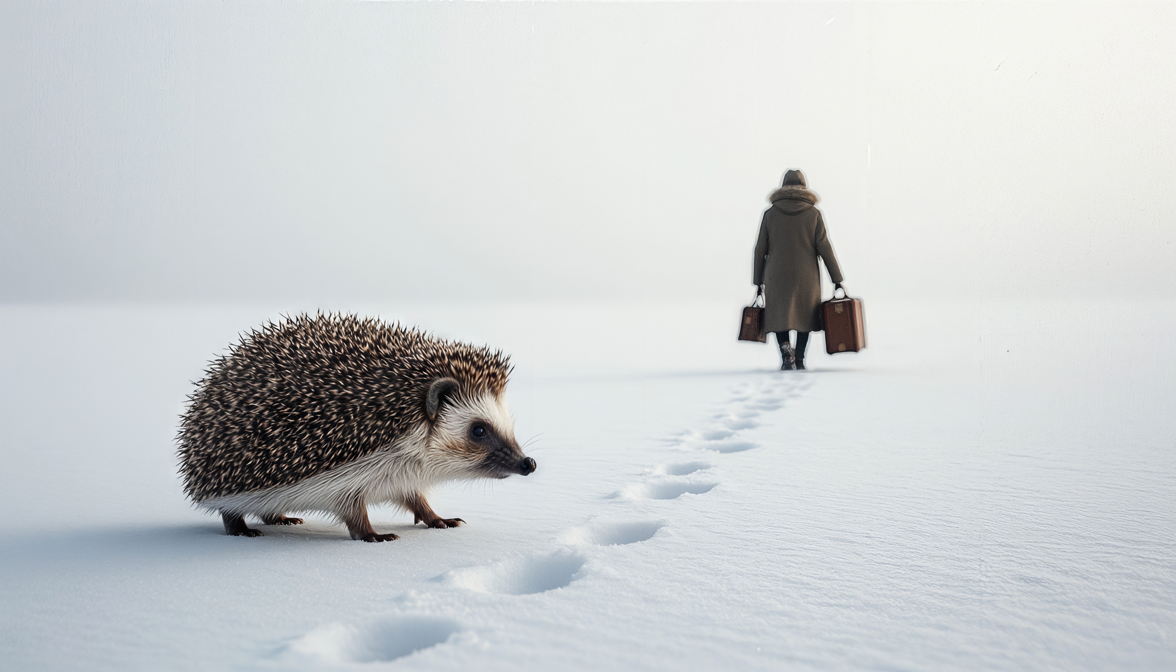 Снежное одиночество: ёжик и удаляющийся силуэт с багажом.