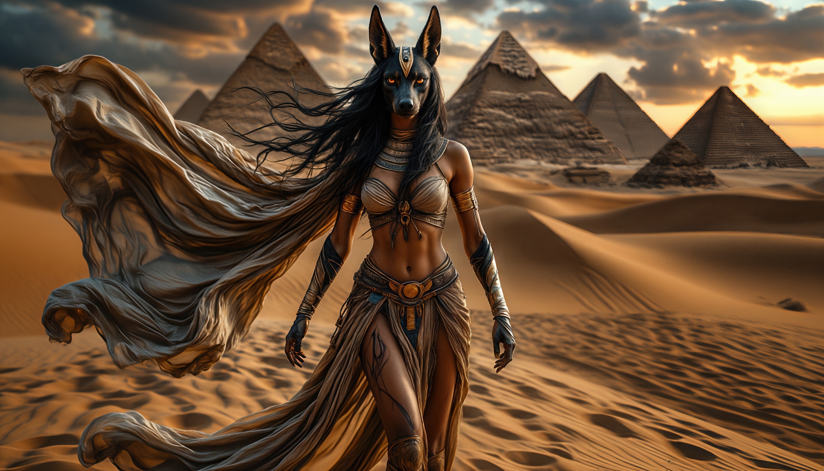 A girl with cat features in an ancient Egyptian costume against the background of pyramids and the desert.