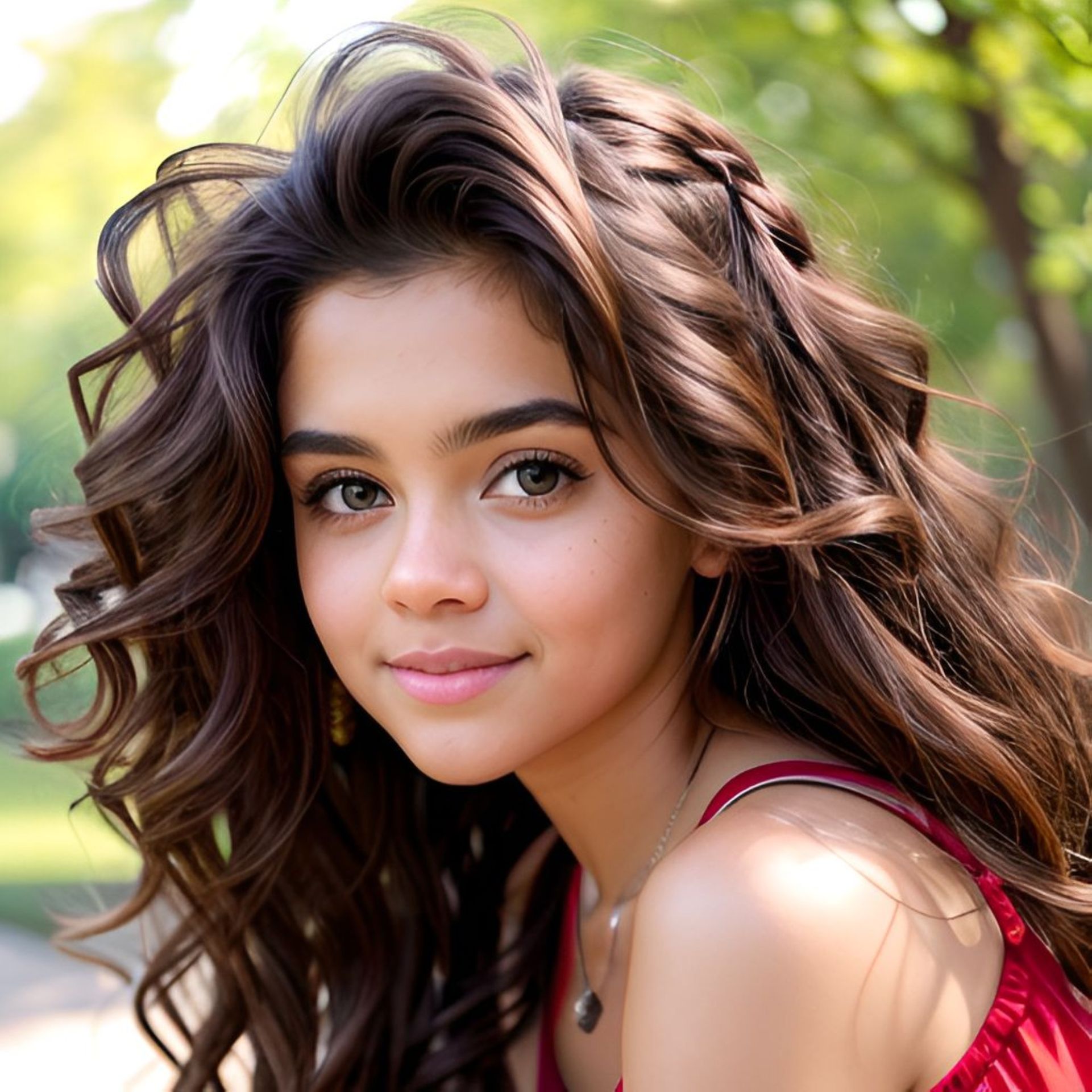 Free photo Beautiful brown-eyed girl, With curly hair, In a red dress, On the background of the forest