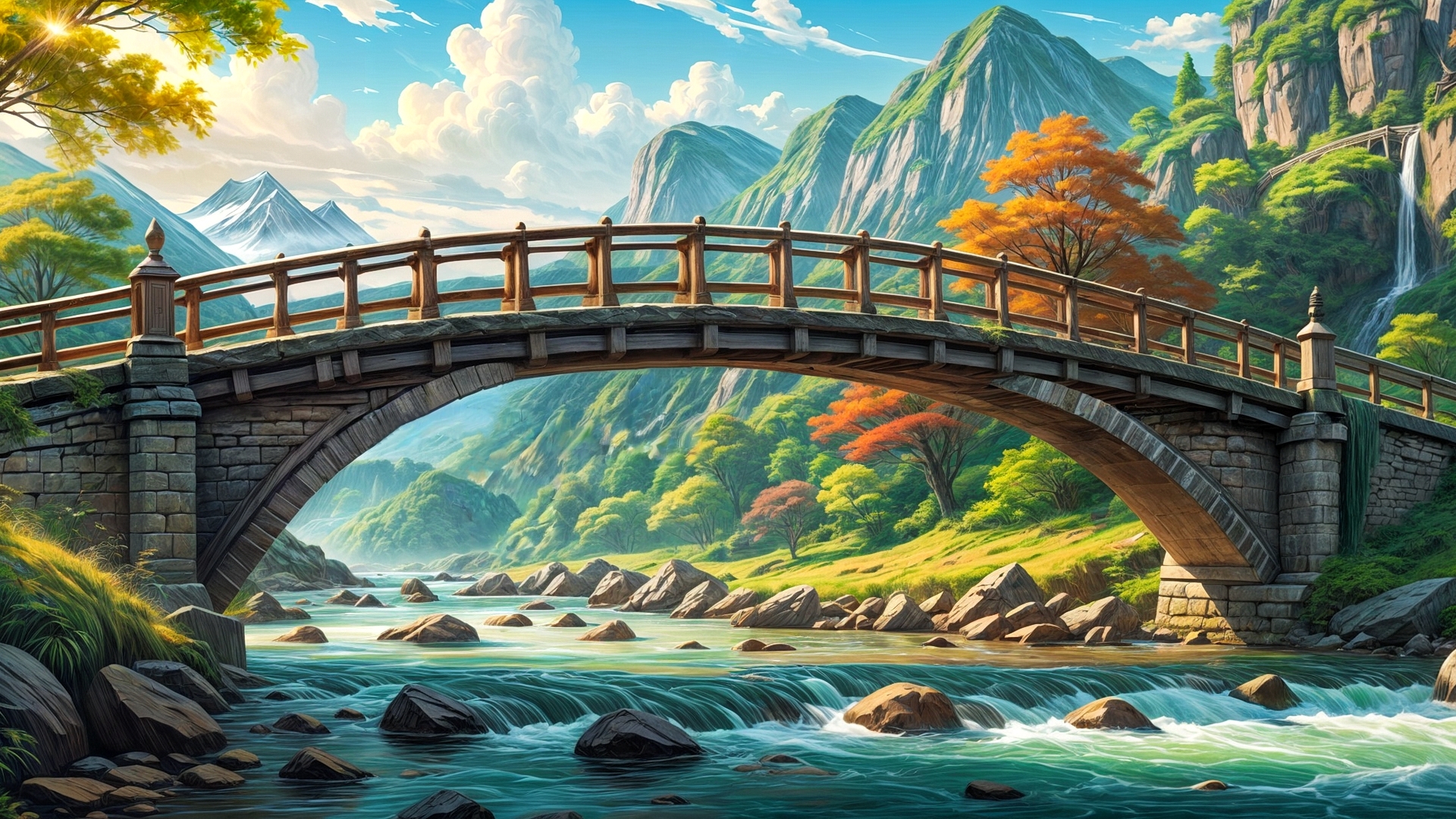 以群山为背景的山河上的古老石桥