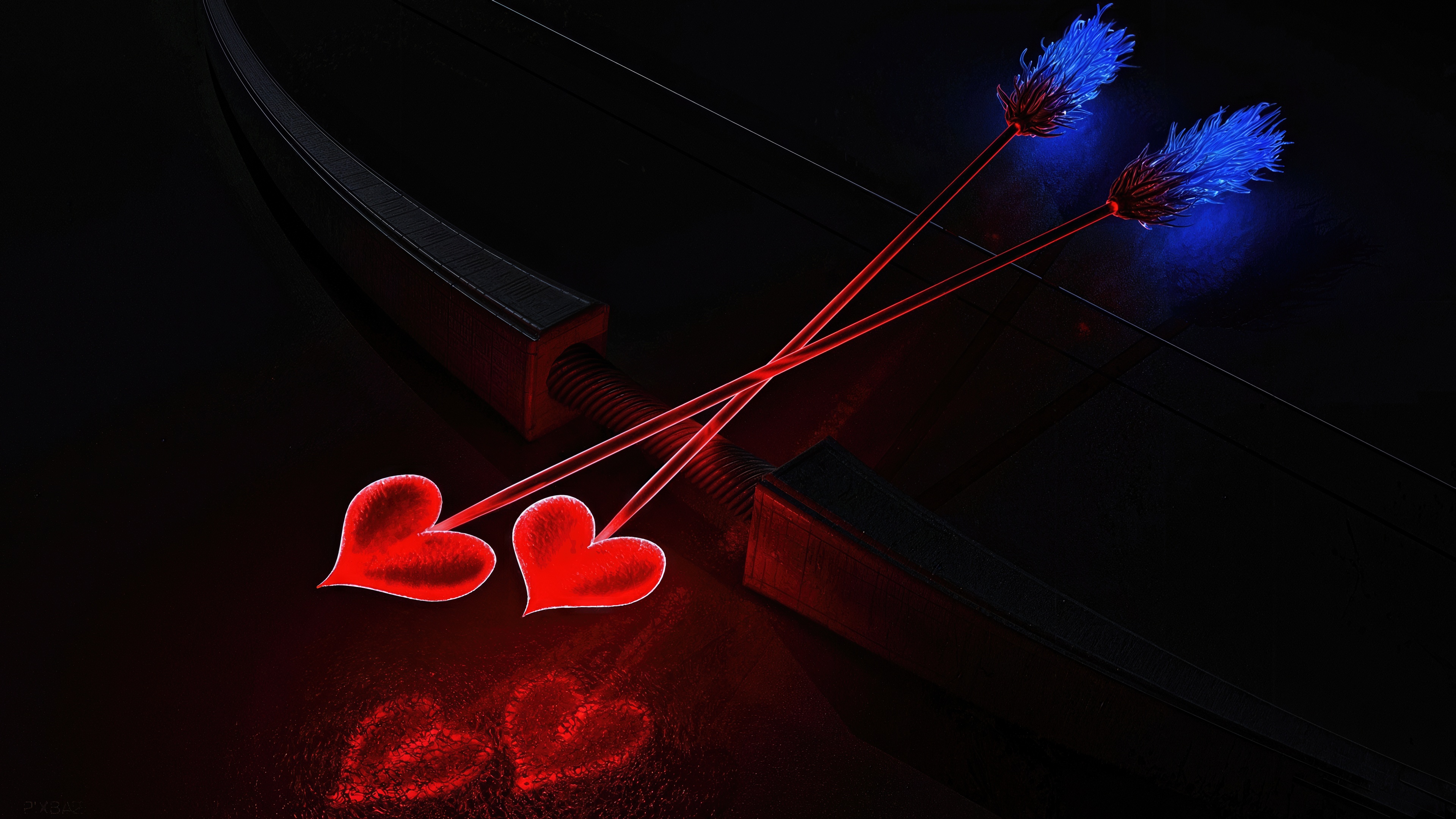 Free photo Two arrows with hearts on the ends lie on a dark background, symbolizing love.