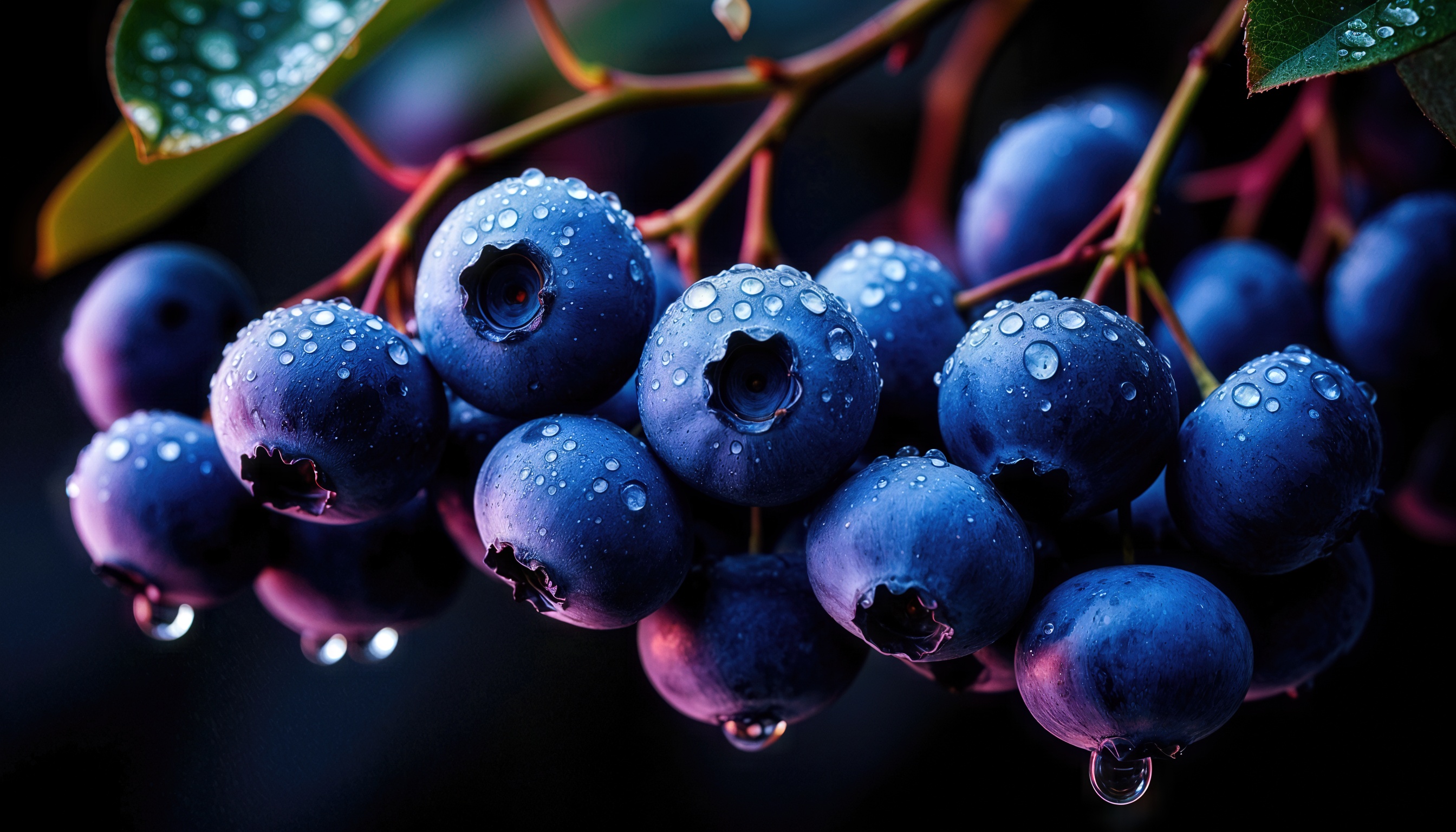 Свежие ягоды черники, покрытые каплями воды, на фоне темного пространства.