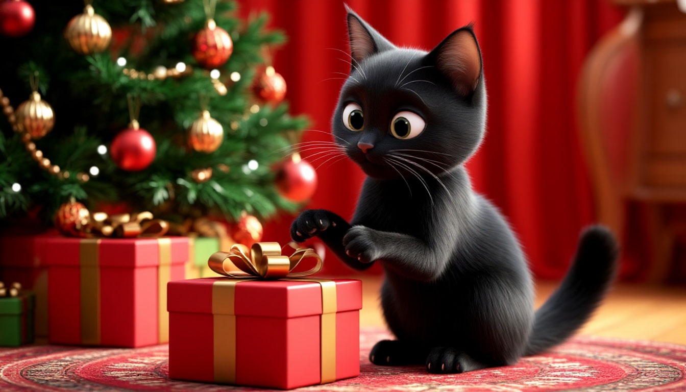 Бесплатная открытка Черный кот открывает свой новогодний подарок.
