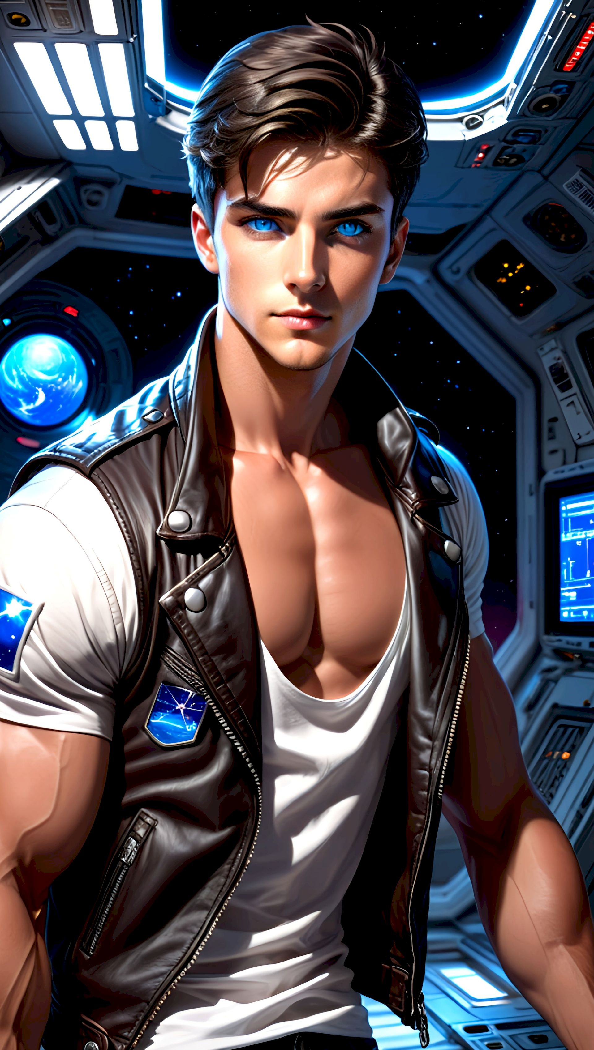 Портрет красивого мужчины на фоне космоса.