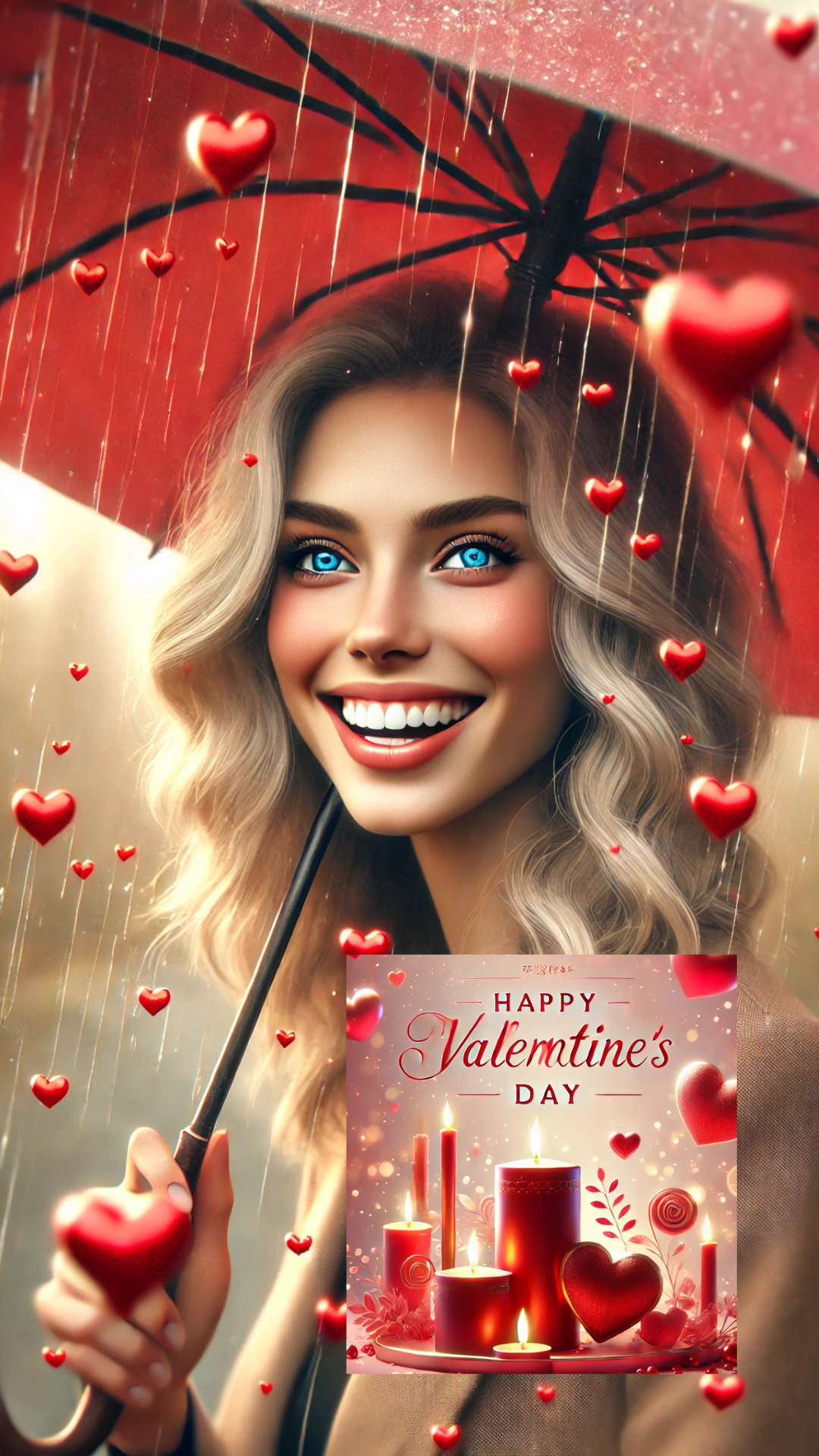 Бесплатная открытка Молодая голубоглазая блондинка с зонтом под дождём влюблённых сердечек